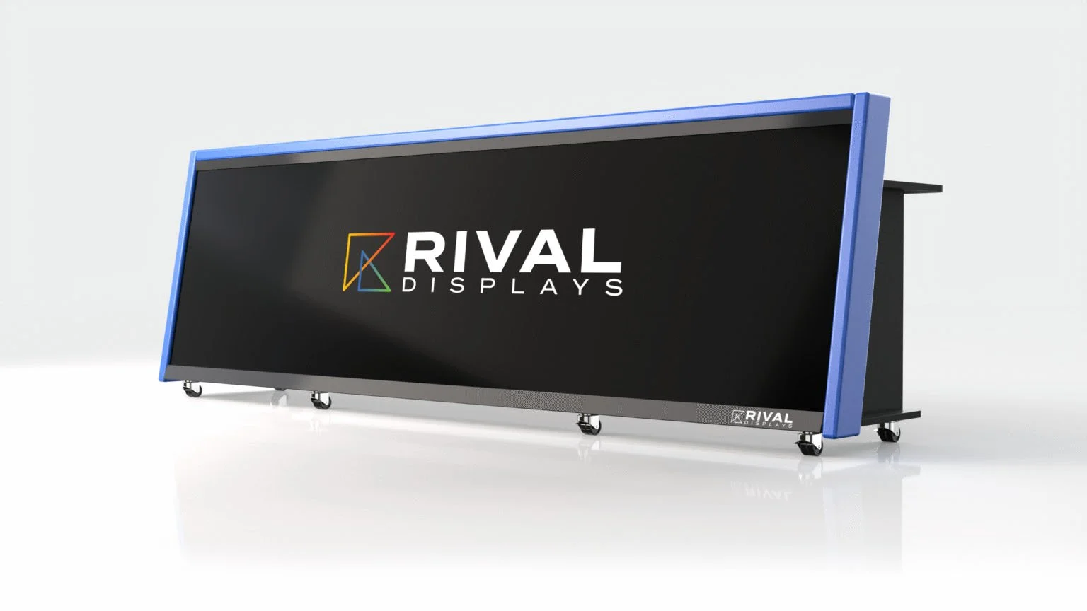 Large wheeled black Rival Displays event display with blue frame