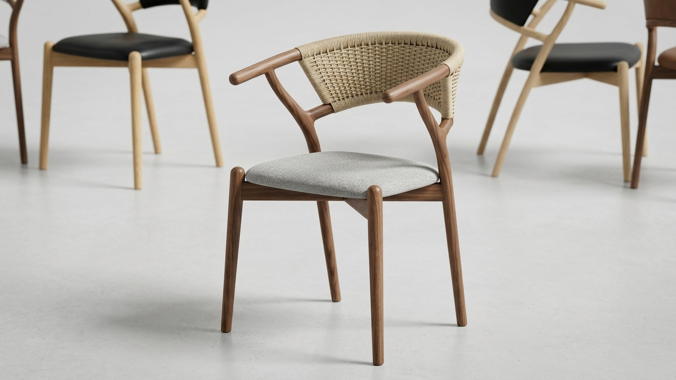 Midcentury modern wood dining chair with woven cane back and gray upholstered seat, surrounded by matching chairs