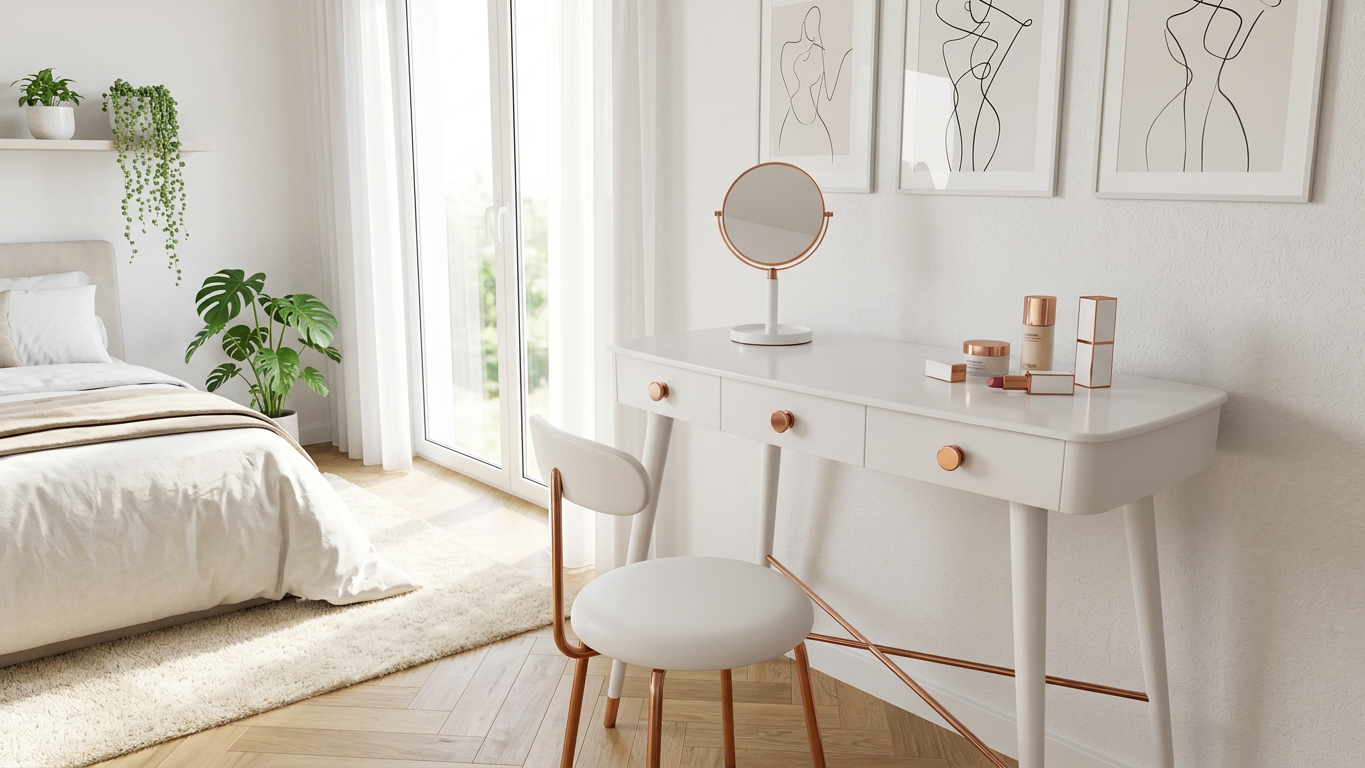 Bright minimalist bedroom with white vanity desk, round mirror, chair, plants, cosmetics, and abstract line art