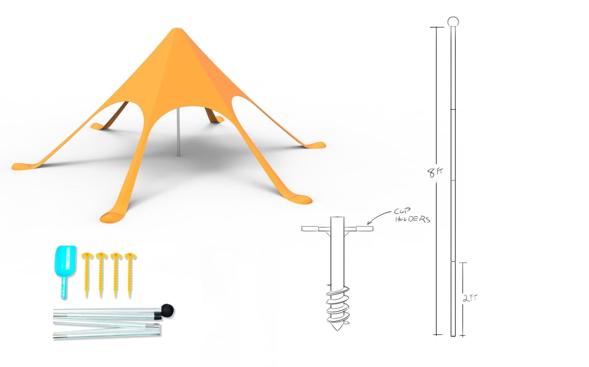Orange canopy tent with curved legs, ground stakes, poles, cup holders, and an 8-foot height diagram