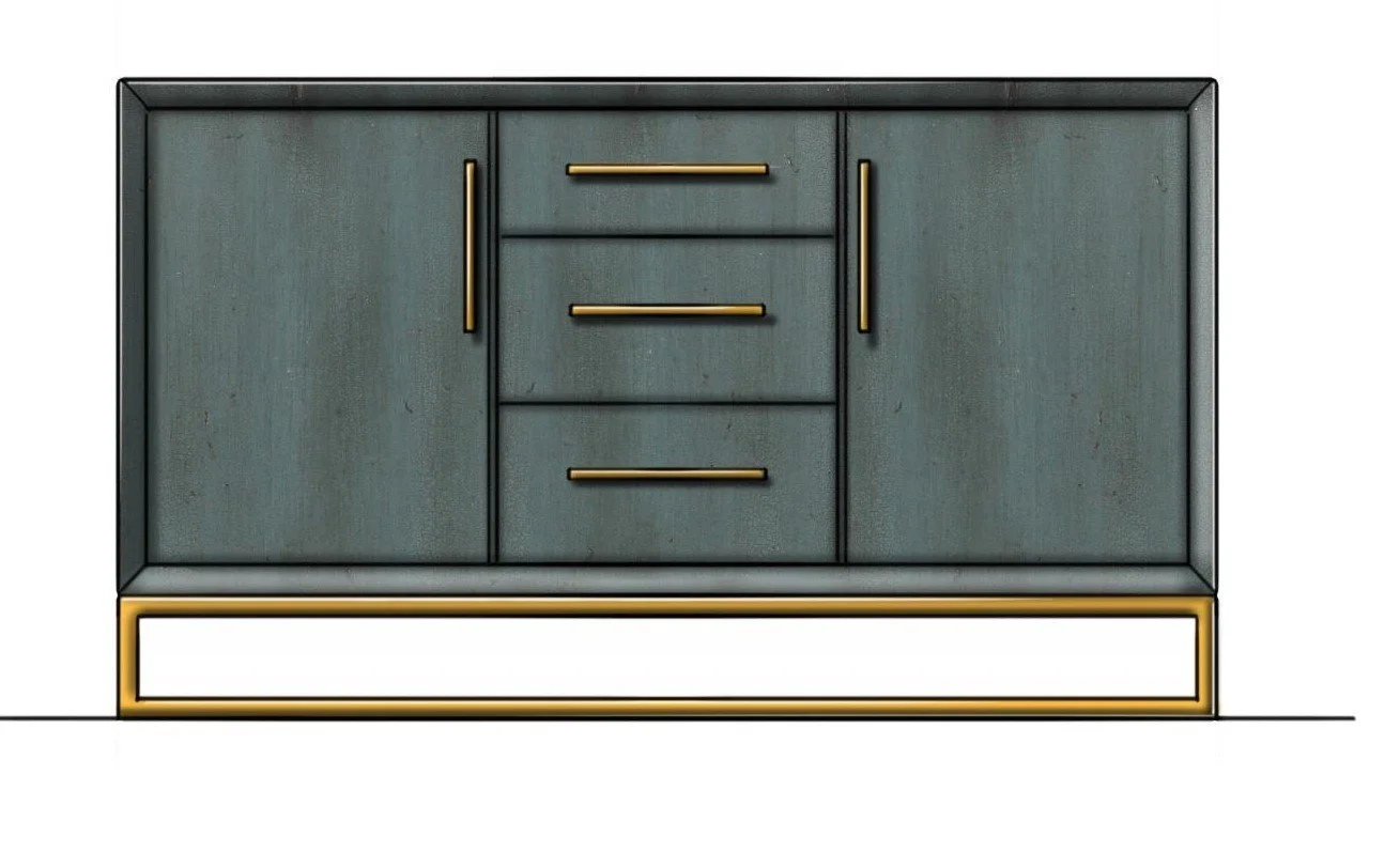 Modern dark gray sideboard cabinet with three drawers, two doors, and gold handles