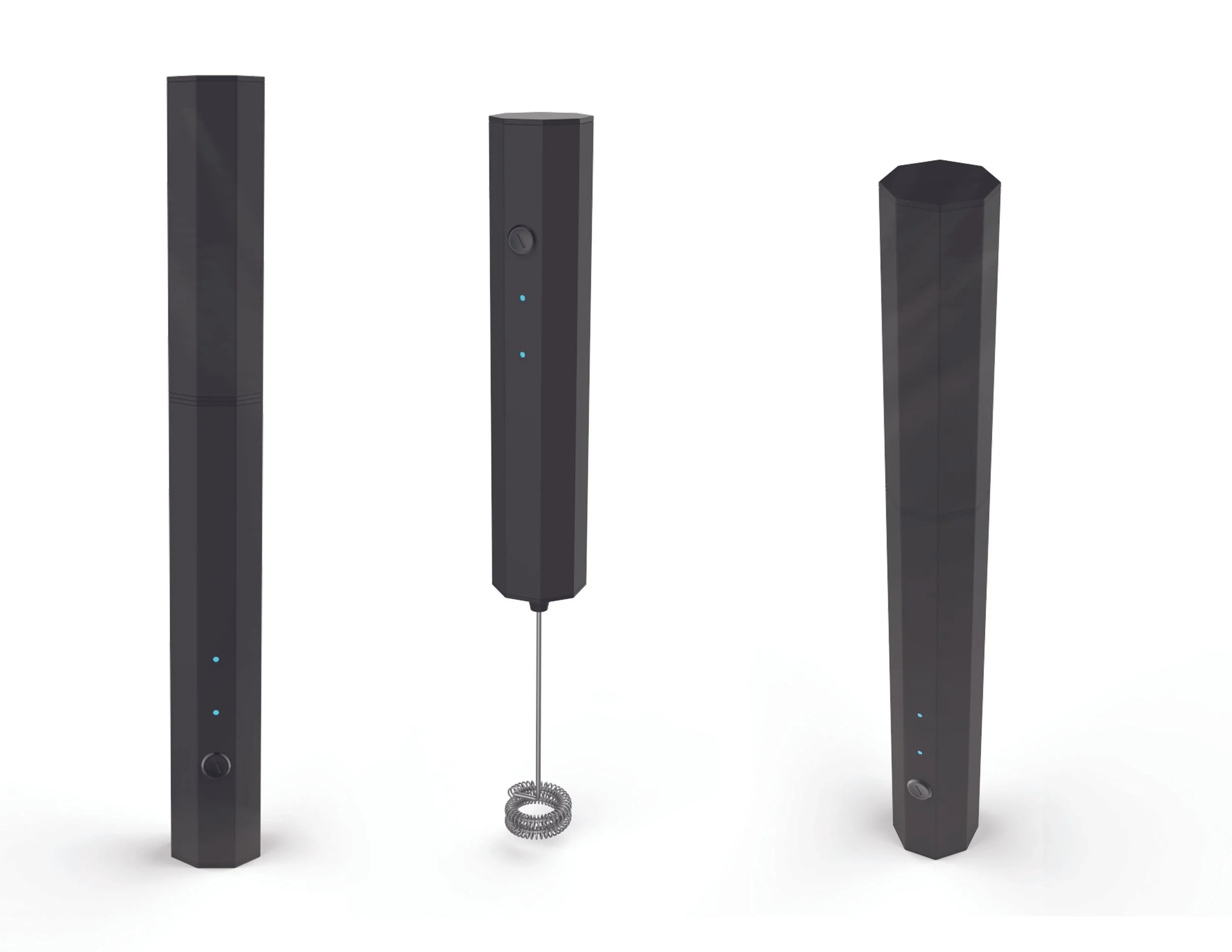 Three views of a black handheld milk frother, including a removable whisk attachment and blue control lights.