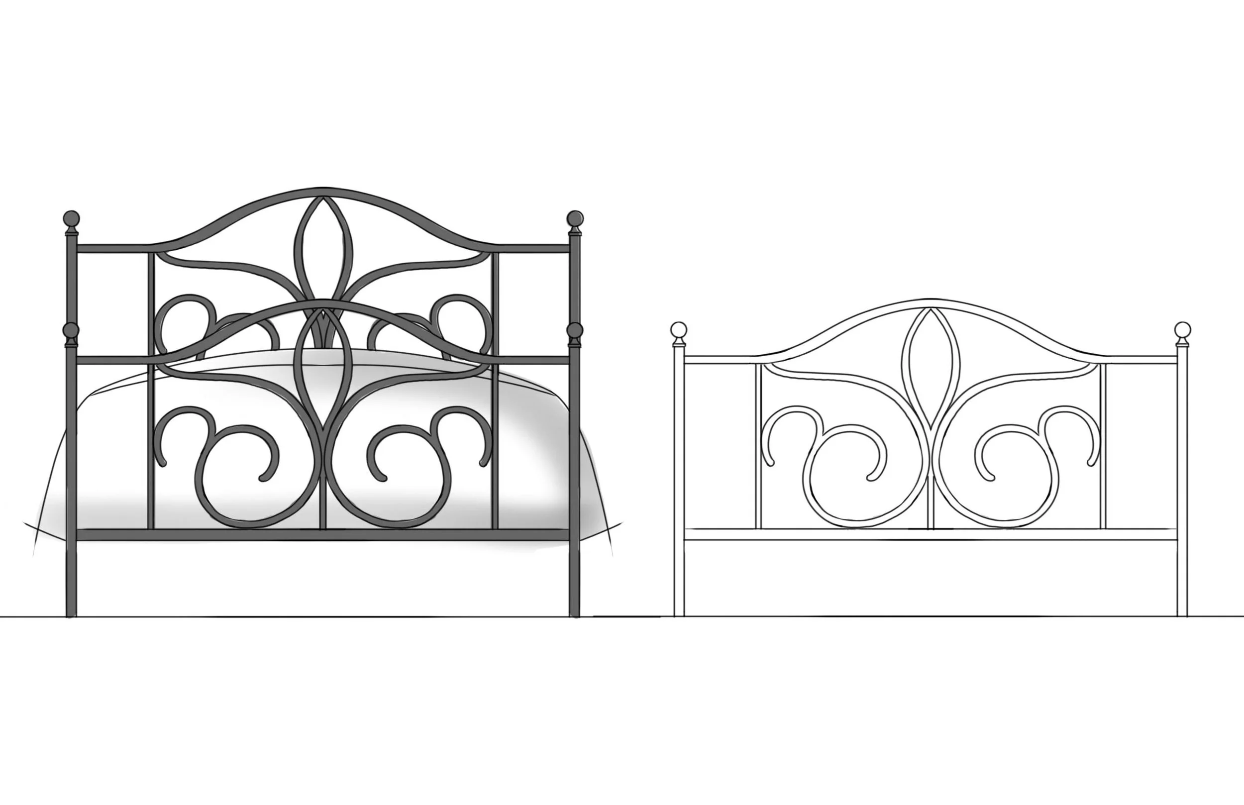 Ornate black metal bed frame with scrollwork and decorative floral headboard, shown alongside a matching line drawing