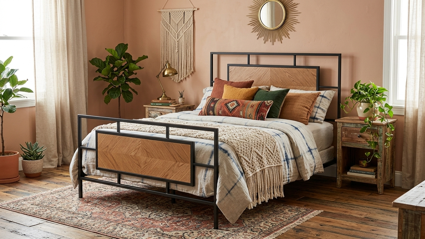 Cozy bohemian bedroom with metal-and-wood bed, layered patterned bedding, plants, woven wall hanging, sunburst mirror, and vintage rug