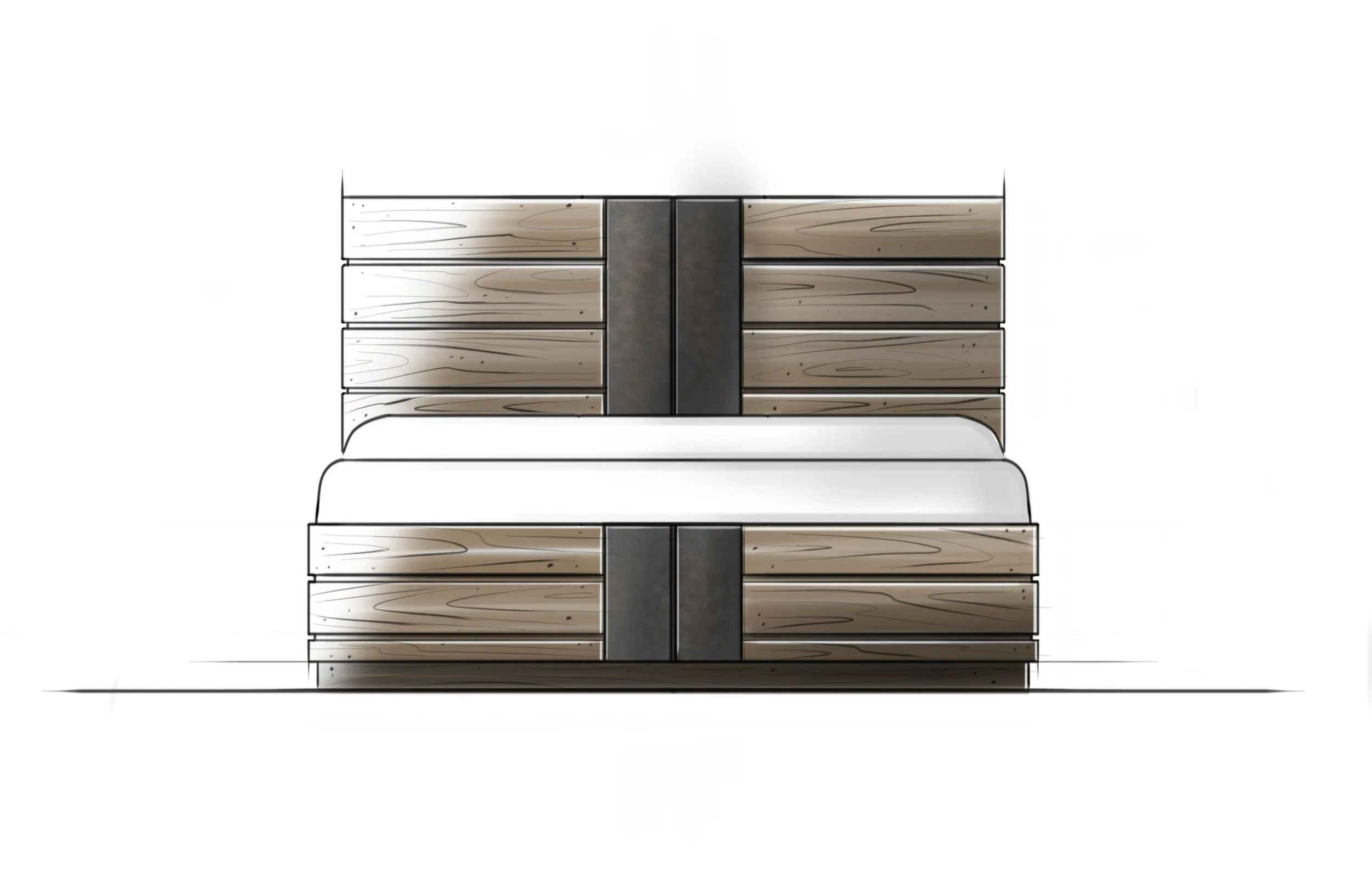 Illustration of a modern wooden bed with dark metal accents and a white mattress