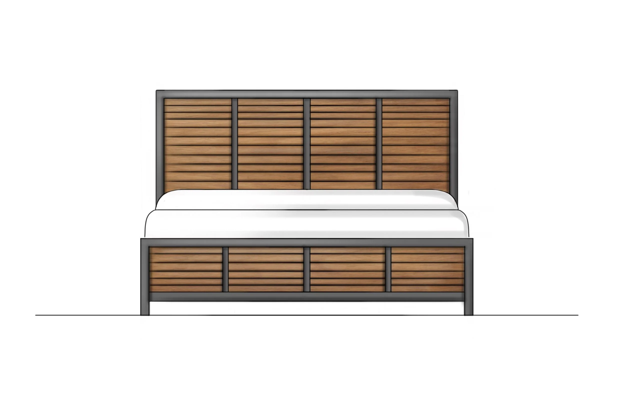 Modern wooden platform bed with white mattress and dark metal frame