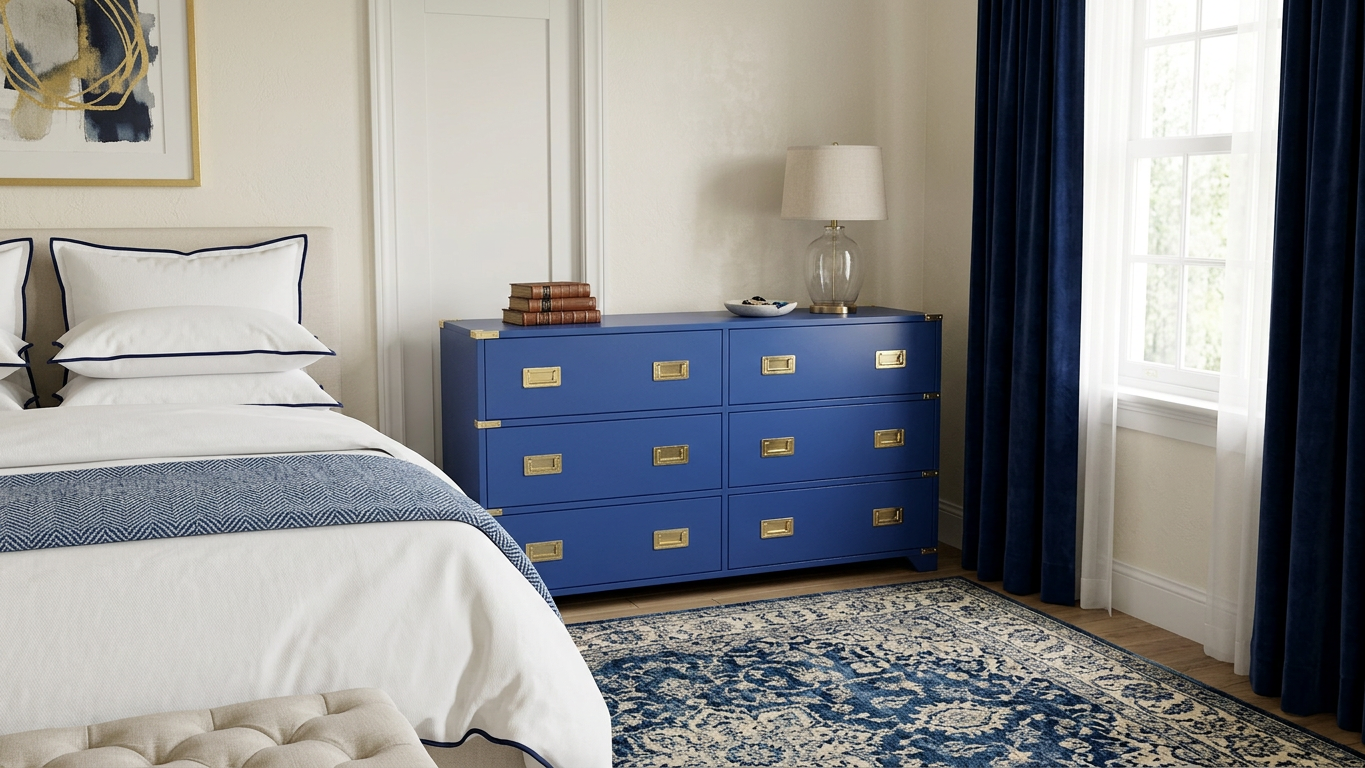 Elegant bedroom with a blue dresser, white bed, navy curtains, table lamp, books, and patterned area rug