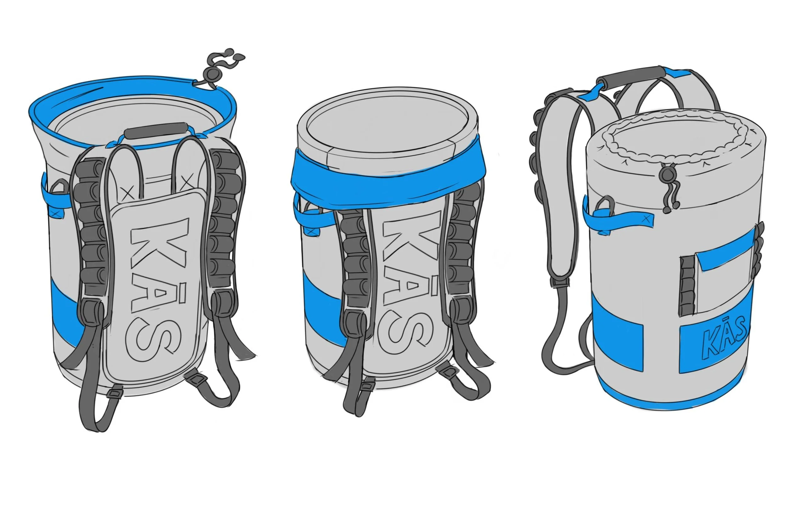 Illustration showing three views of a blue and gray cylindrical backpack with straps, buckles, and drawstring closure.