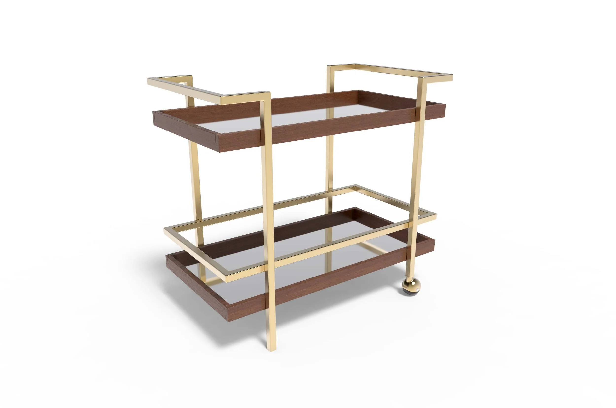 Modern two-tier bar cart with gold metal frame, dark wood shelves, glass panels, and caster wheels