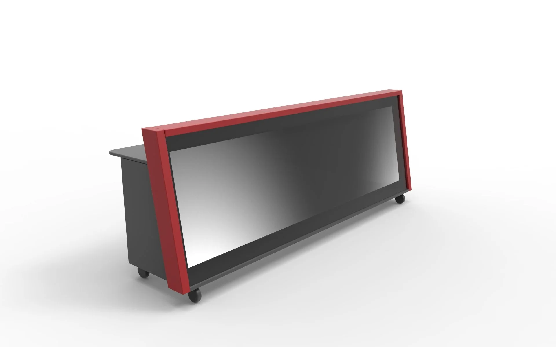 Modern black rolling display cabinet with a red frame and four caster wheels