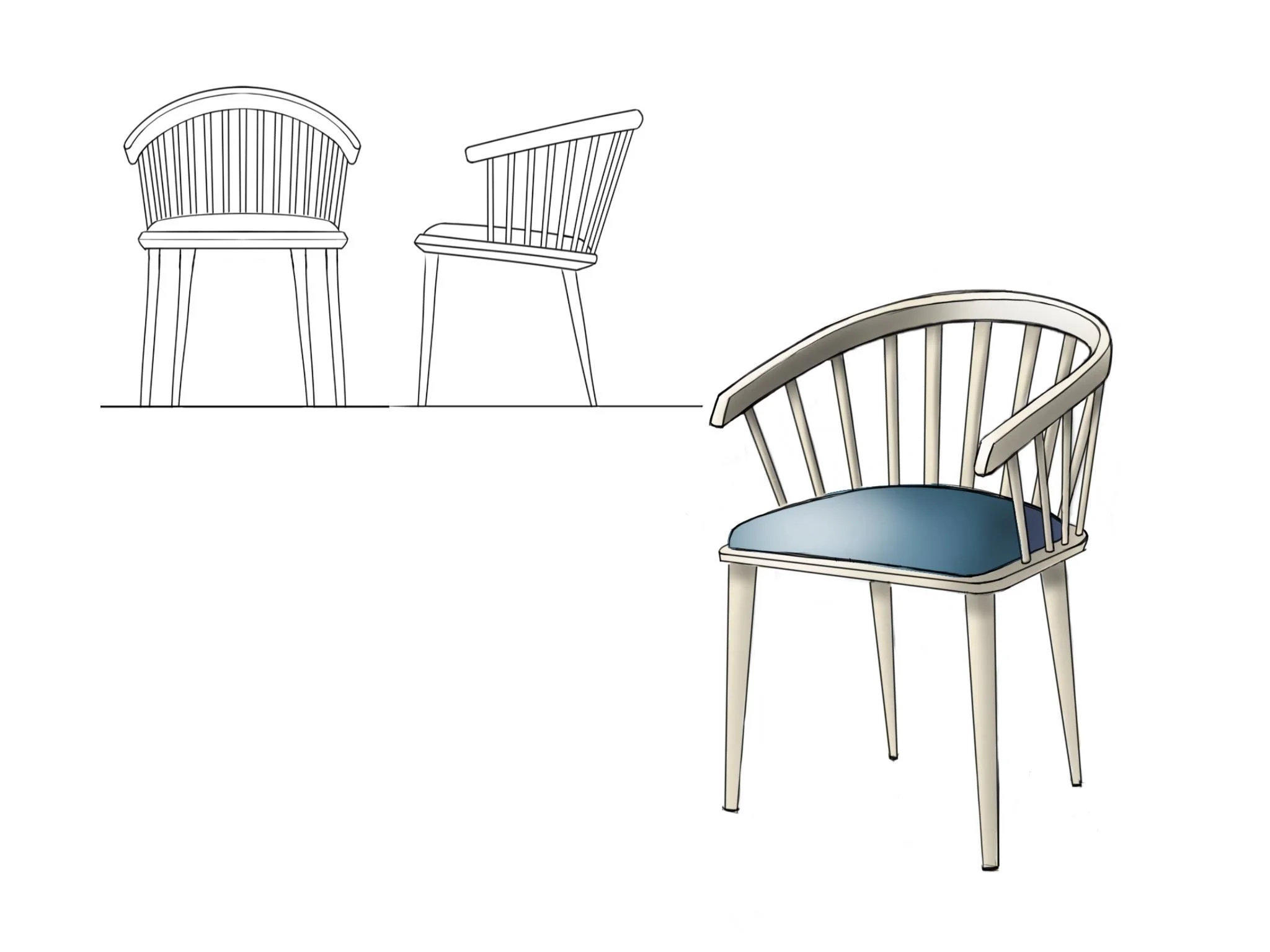 Illustration of a spindle-back Windsor chair shown from front, side, and three-quarter views, with a blue upholstered seat.