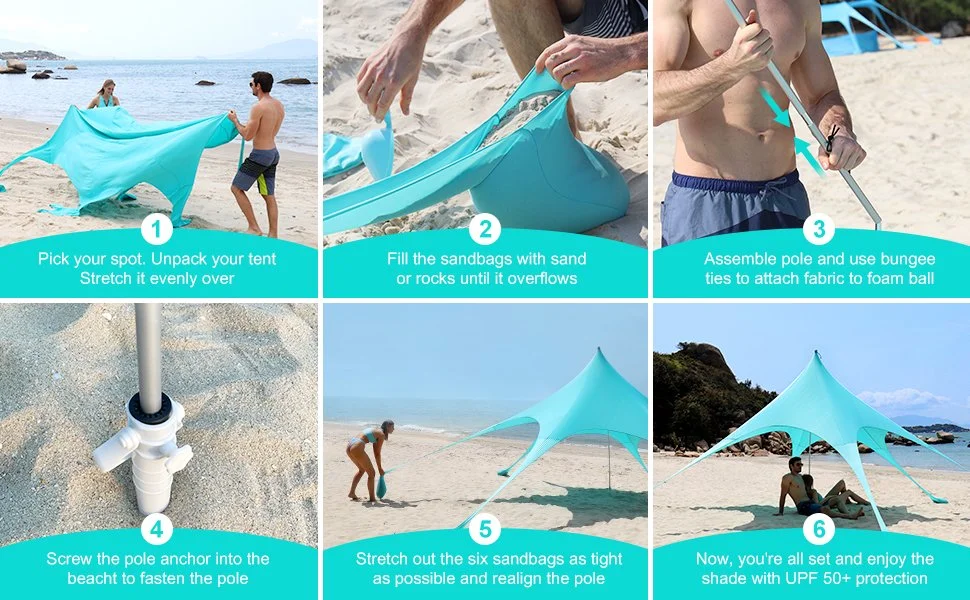 Six-step beach tent setup guide showing how to lay out the canopy, fill sandbags, assemble poles, anchor poles, secure the shade tent, and relax underneath it.