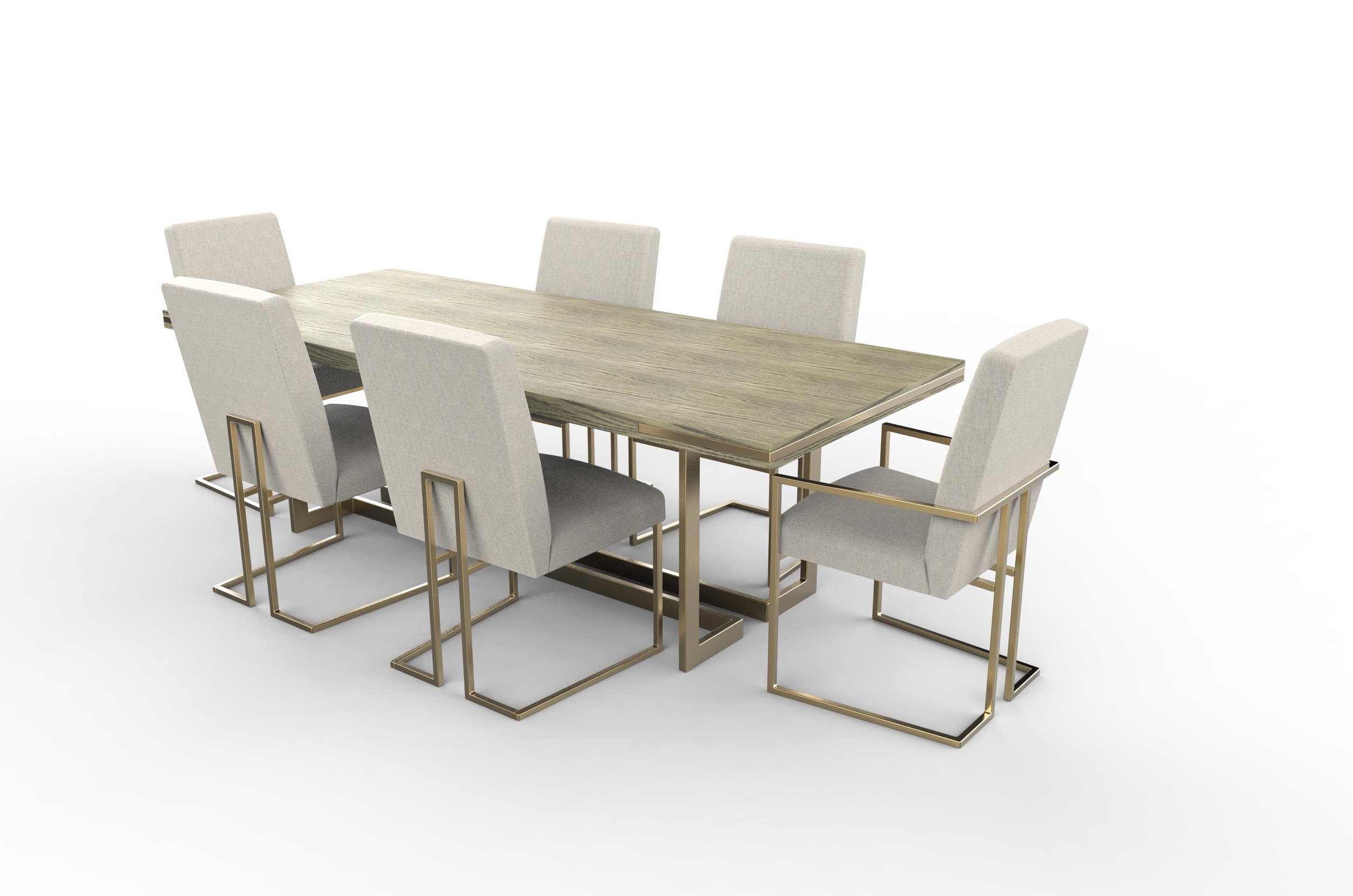 Modern rectangular wood dining table with six upholstered beige chairs and gold metal frames