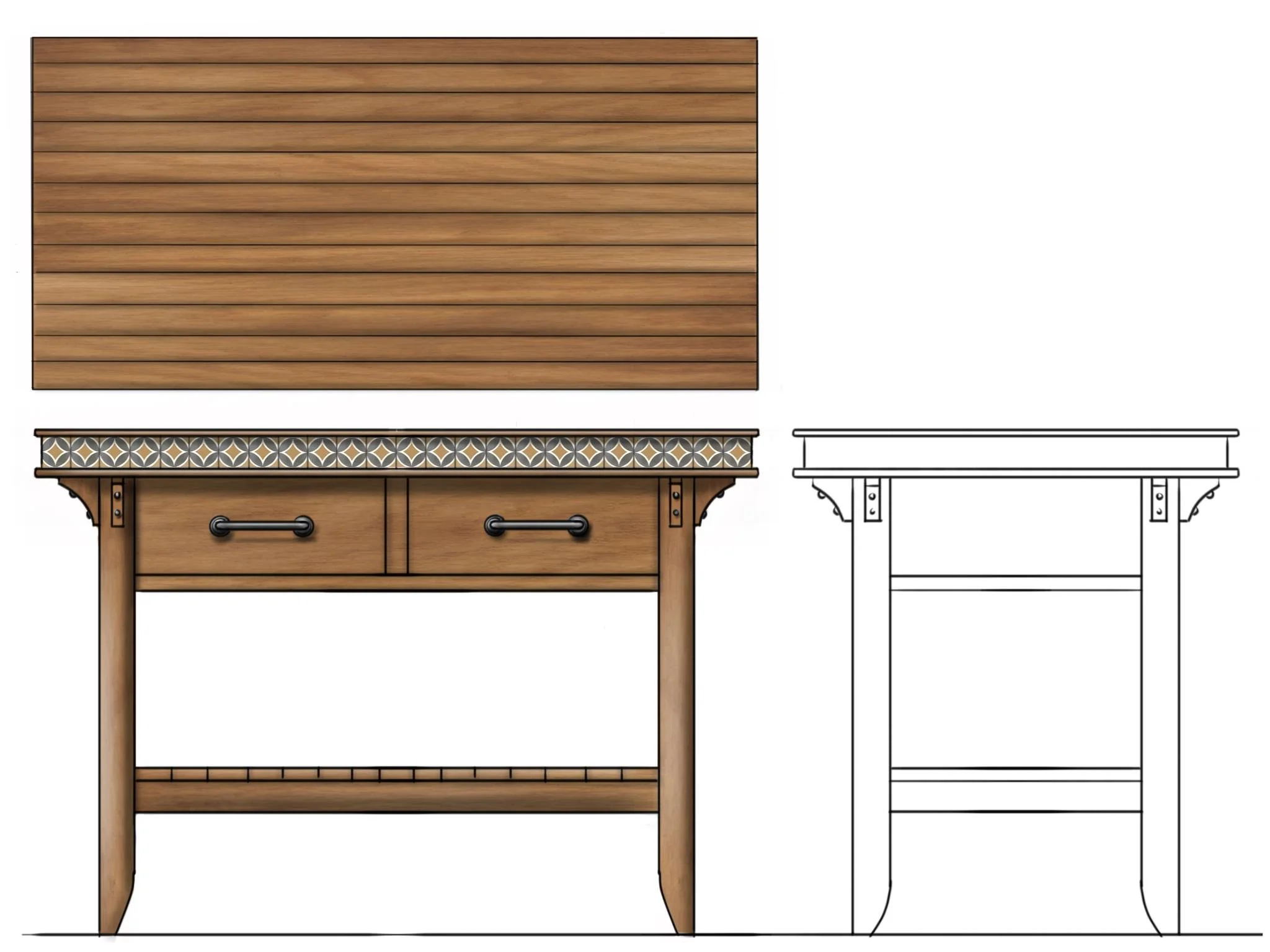 Technical drawing of a wooden console table with two drawers, decorative patterned trim, and front and side views.