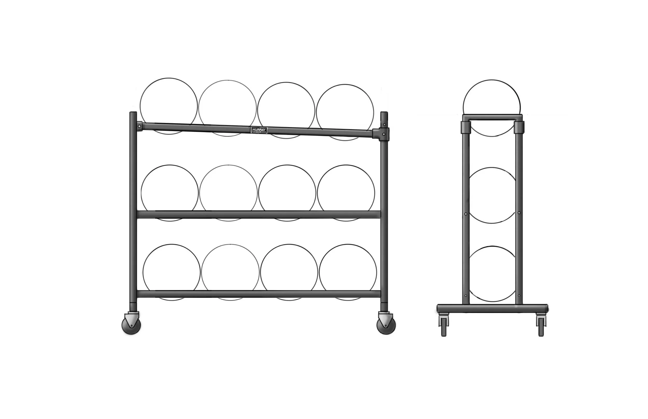 Three-tier rolling metal storage rack holding 12 large circular items, shown from front and side views
