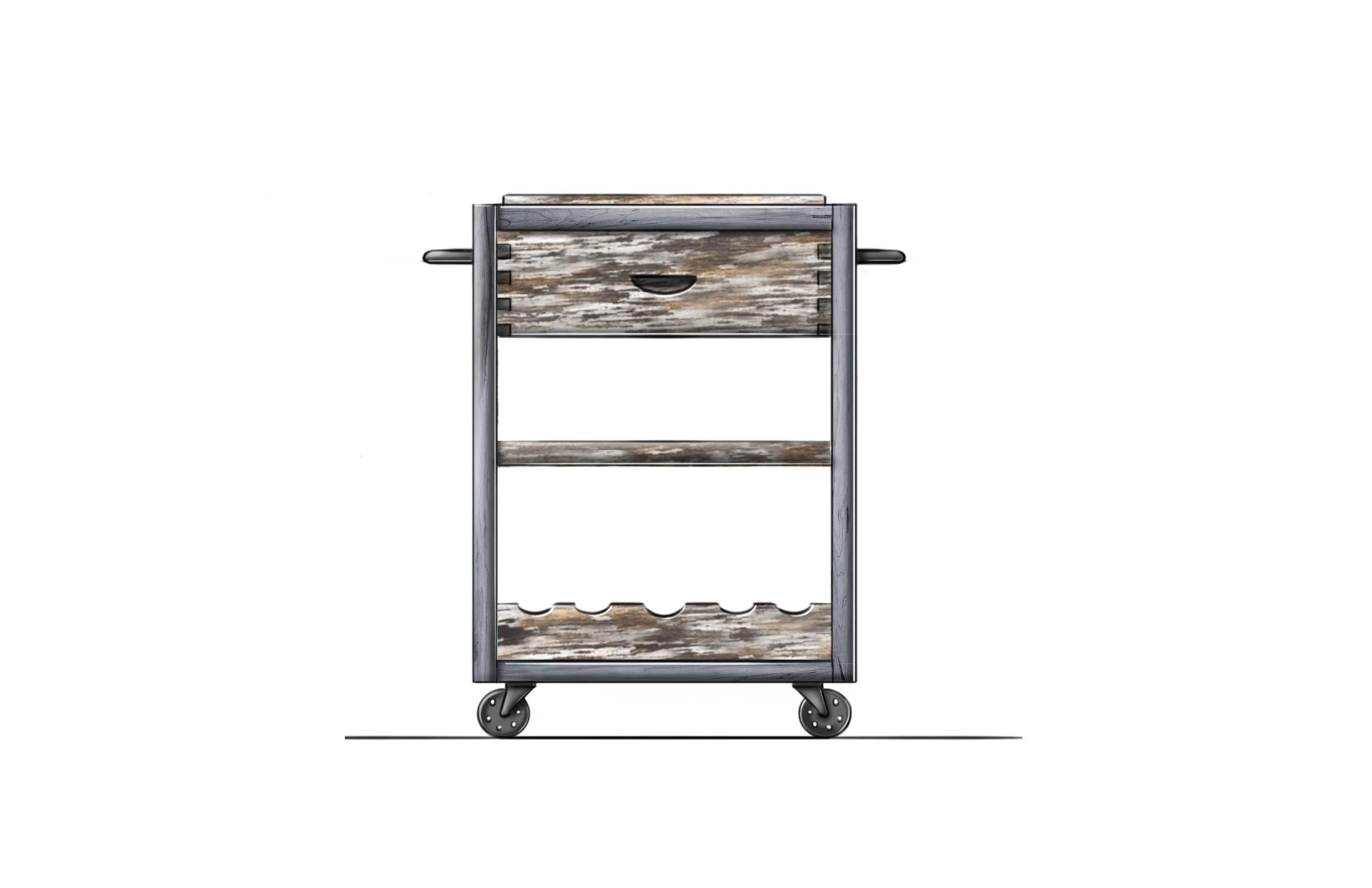 Rustic wooden rolling bar cart with drawer, bottle rack, and caster wheels