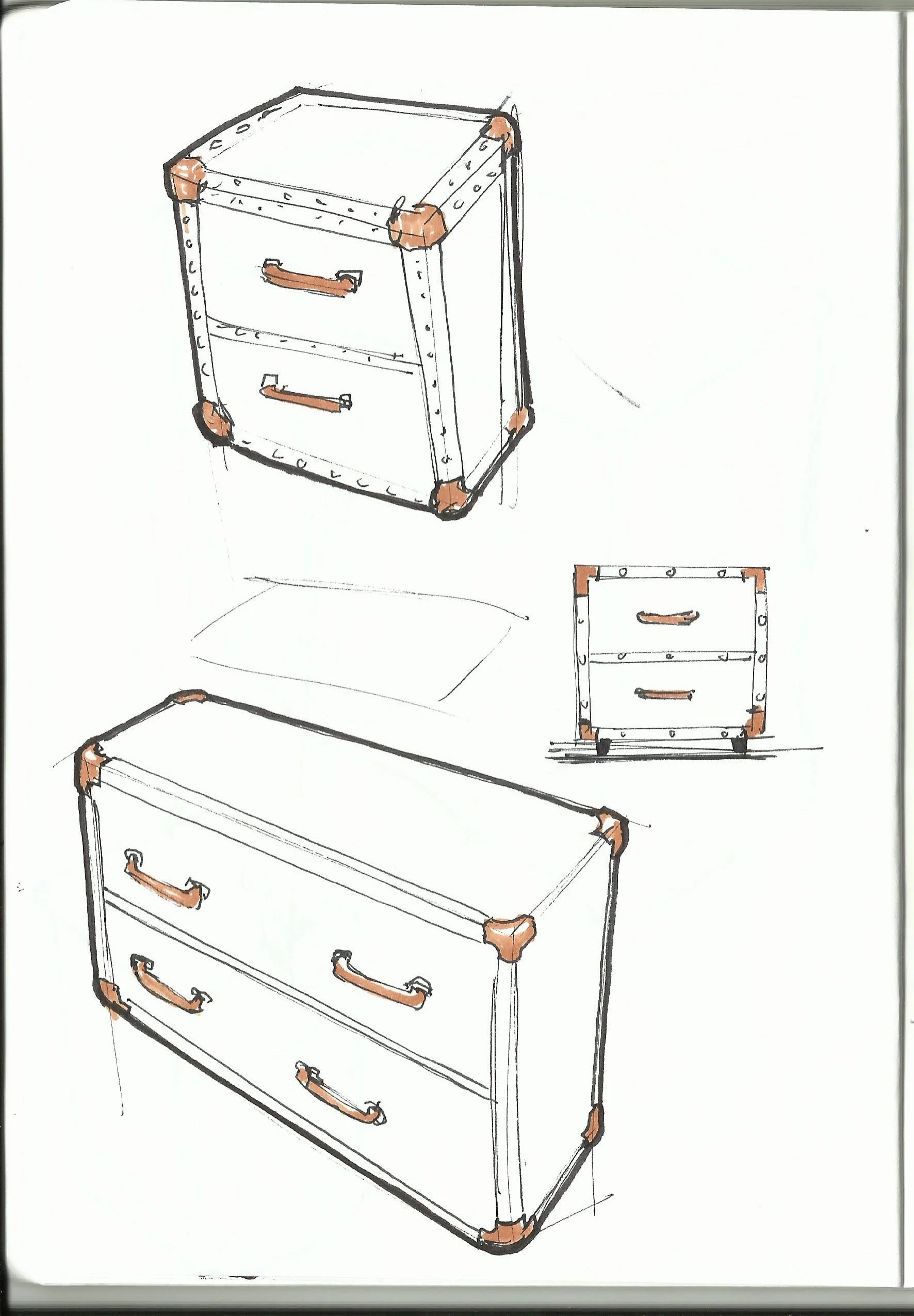 Hand-drawn sketches of a wooden three-drawer dresser shown from multiple angles, including a front view with caster wheels.