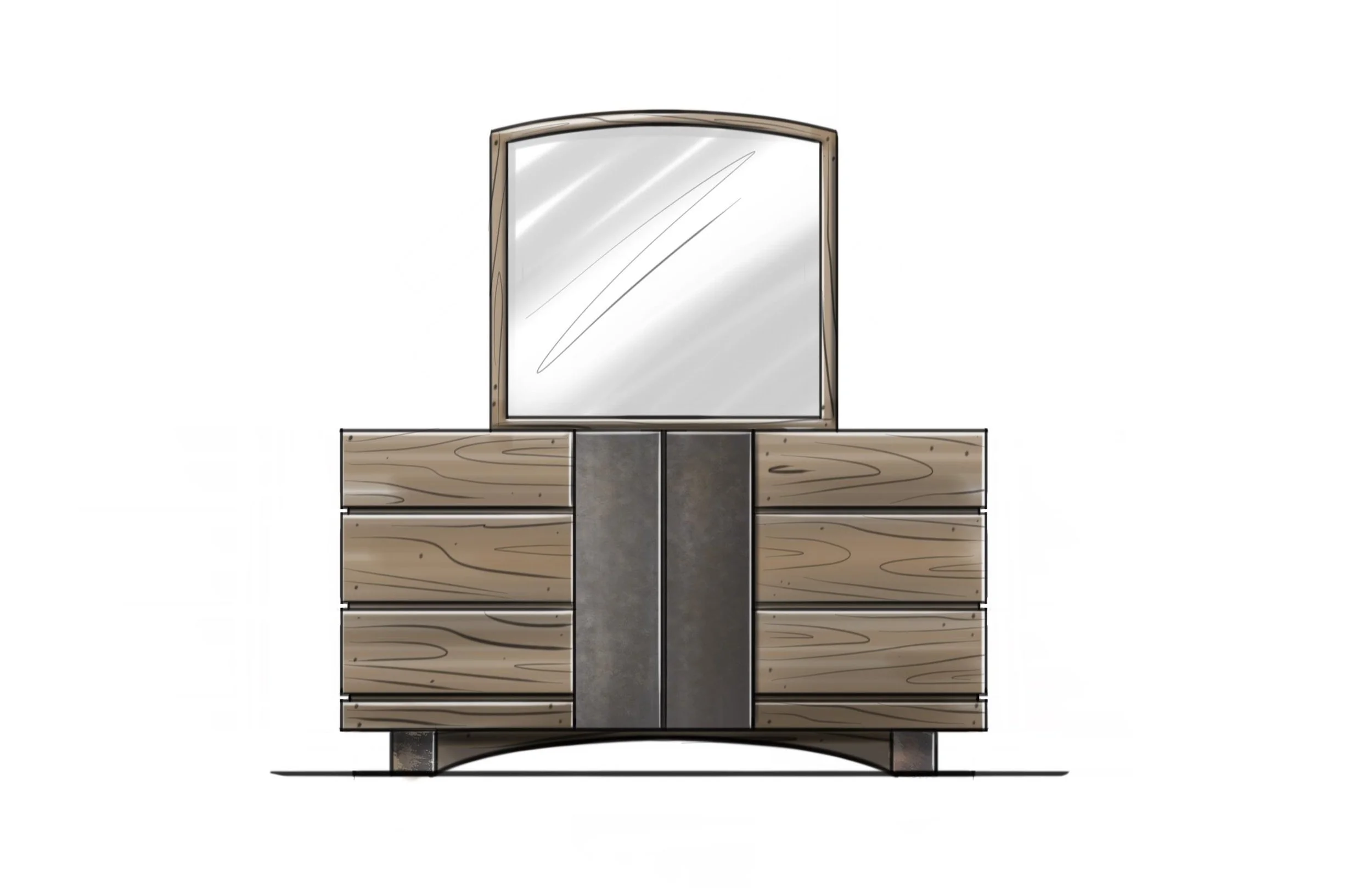Mid-century modern wooden dresser with multiple drawers, dark central panels, and a large framed mirror