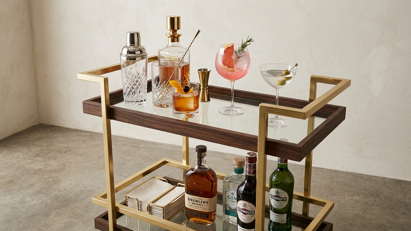 Stylish gold and walnut bar cart with cocktail glasses, shaker, spirits, gin, vermouth, and cocktail garnishes.