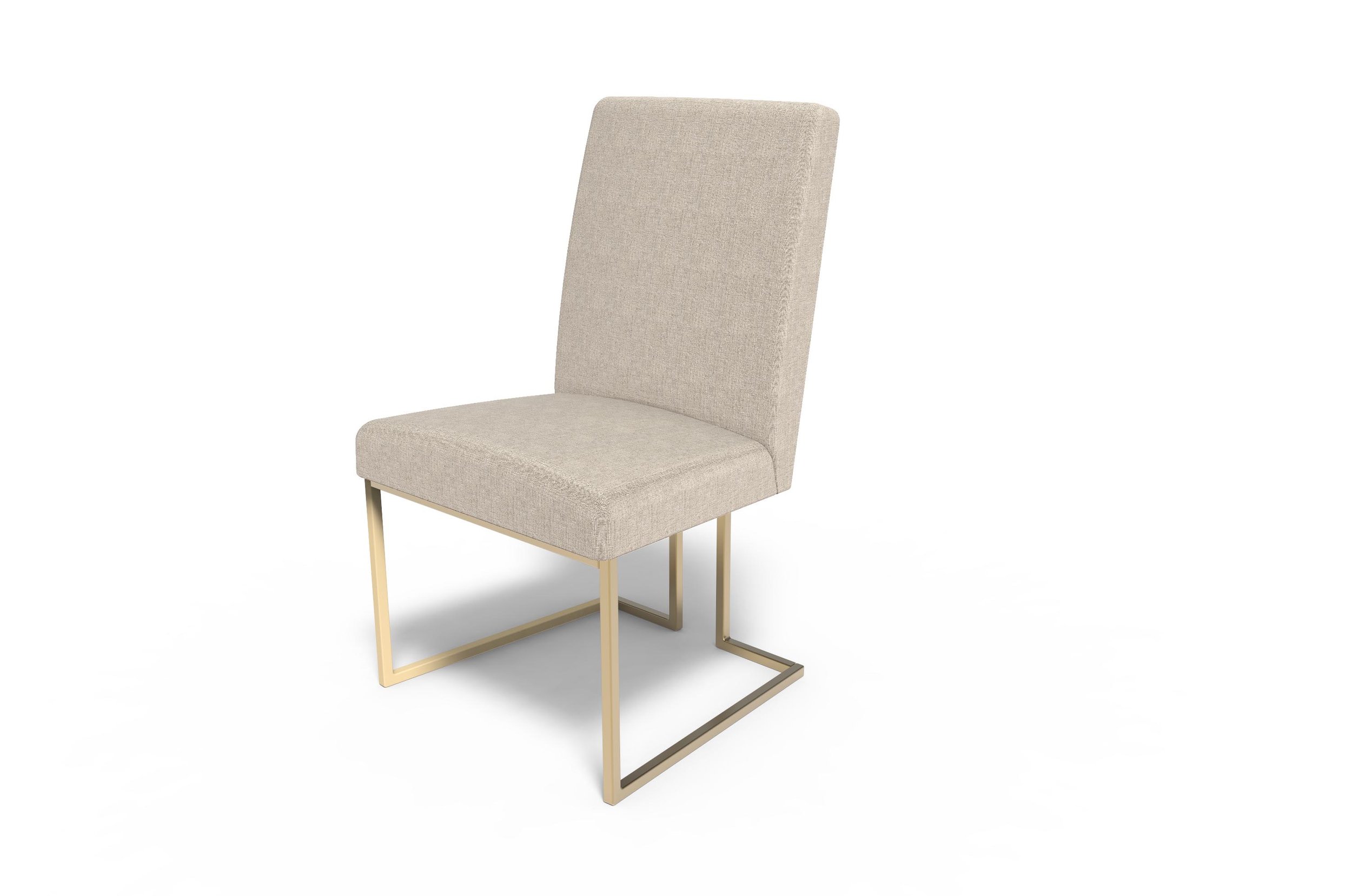 Beige upholstered dining chair with a high back and gold metal cantilever legs on a white background