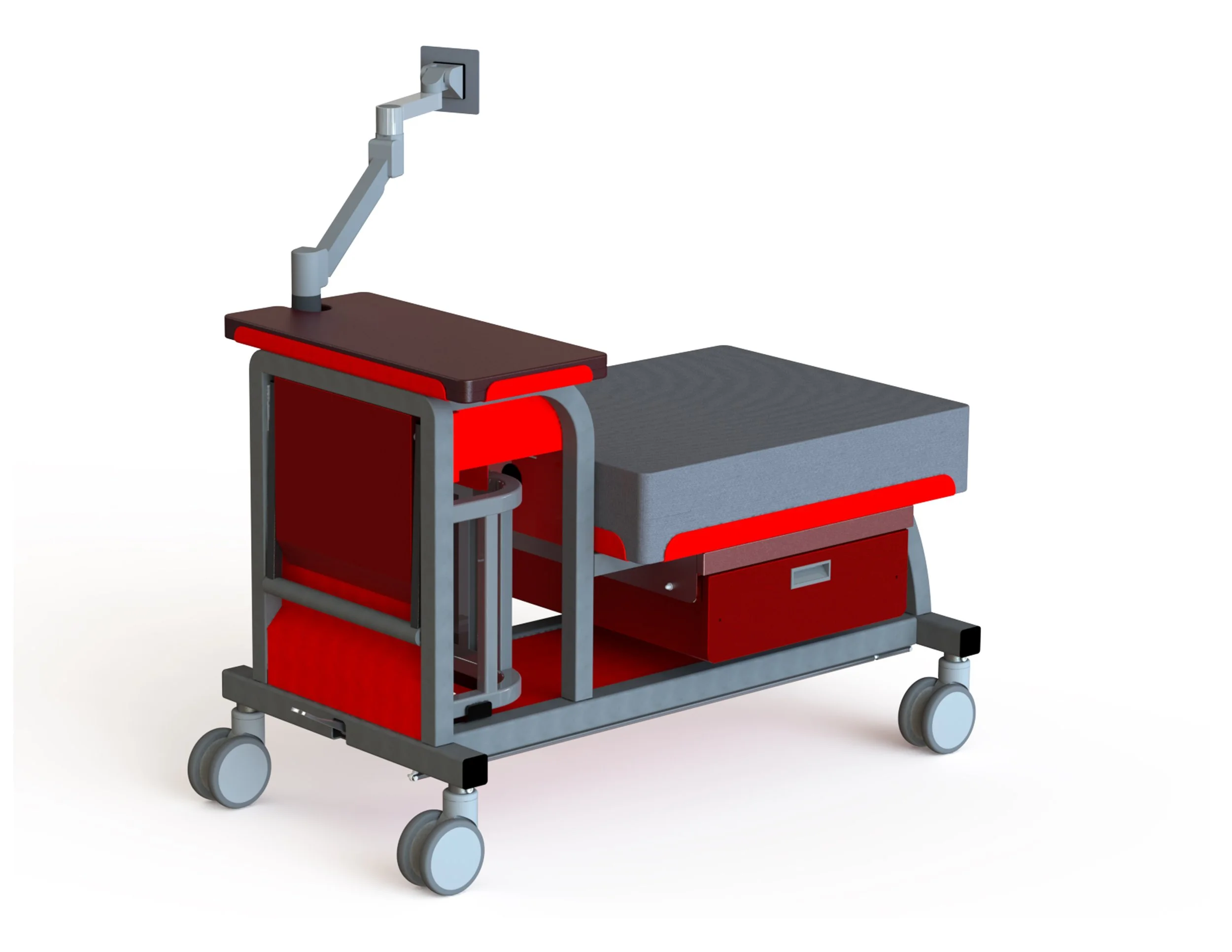 3D render of a red and gray mobile hospital crash cart with drawers, casters, IV pole, and side storage compartments