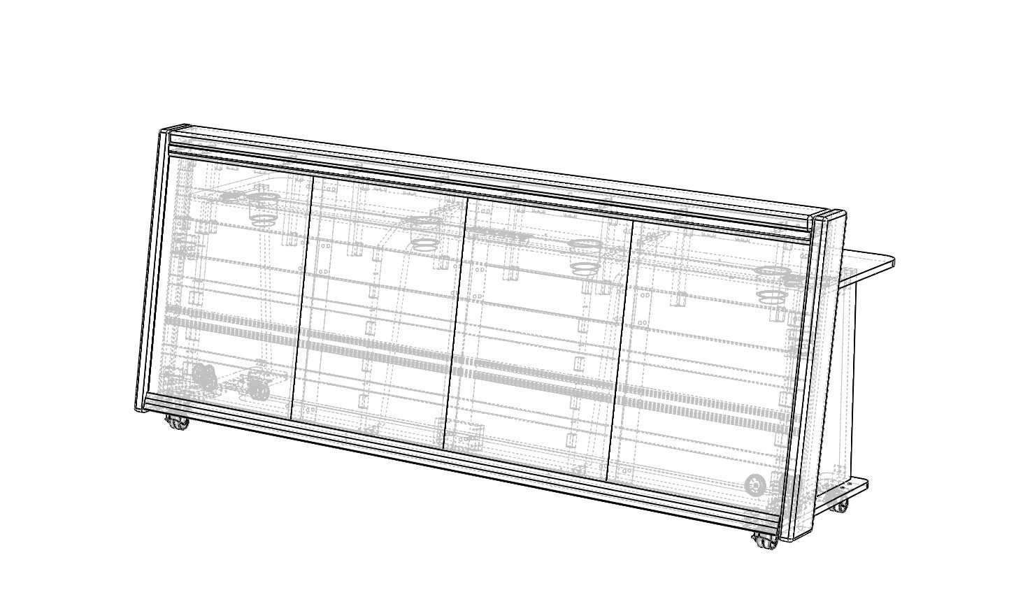 Technical line drawing of a long scorer's table display on caster wheels