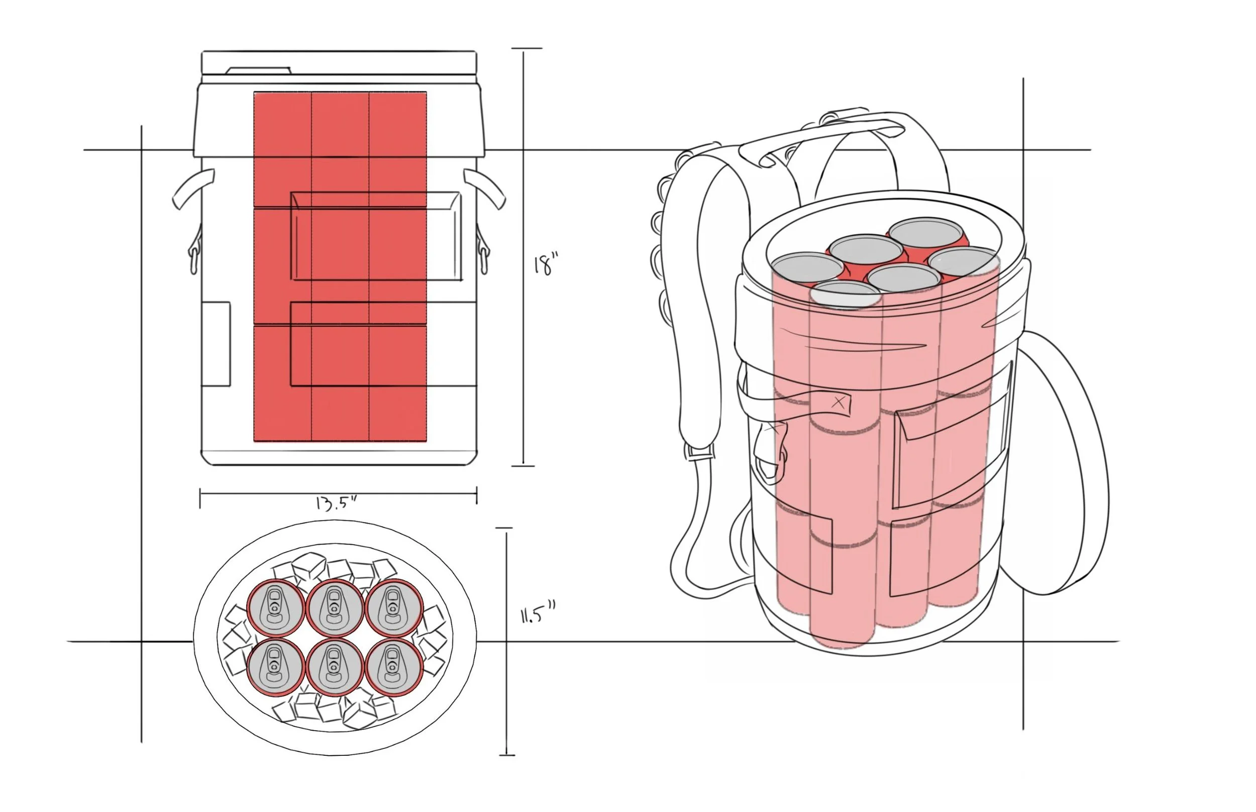 Technical design sketch of a backpack-style beverage cooler holding six soda cans, with red insulation, ice, dimensions, and multiple views.