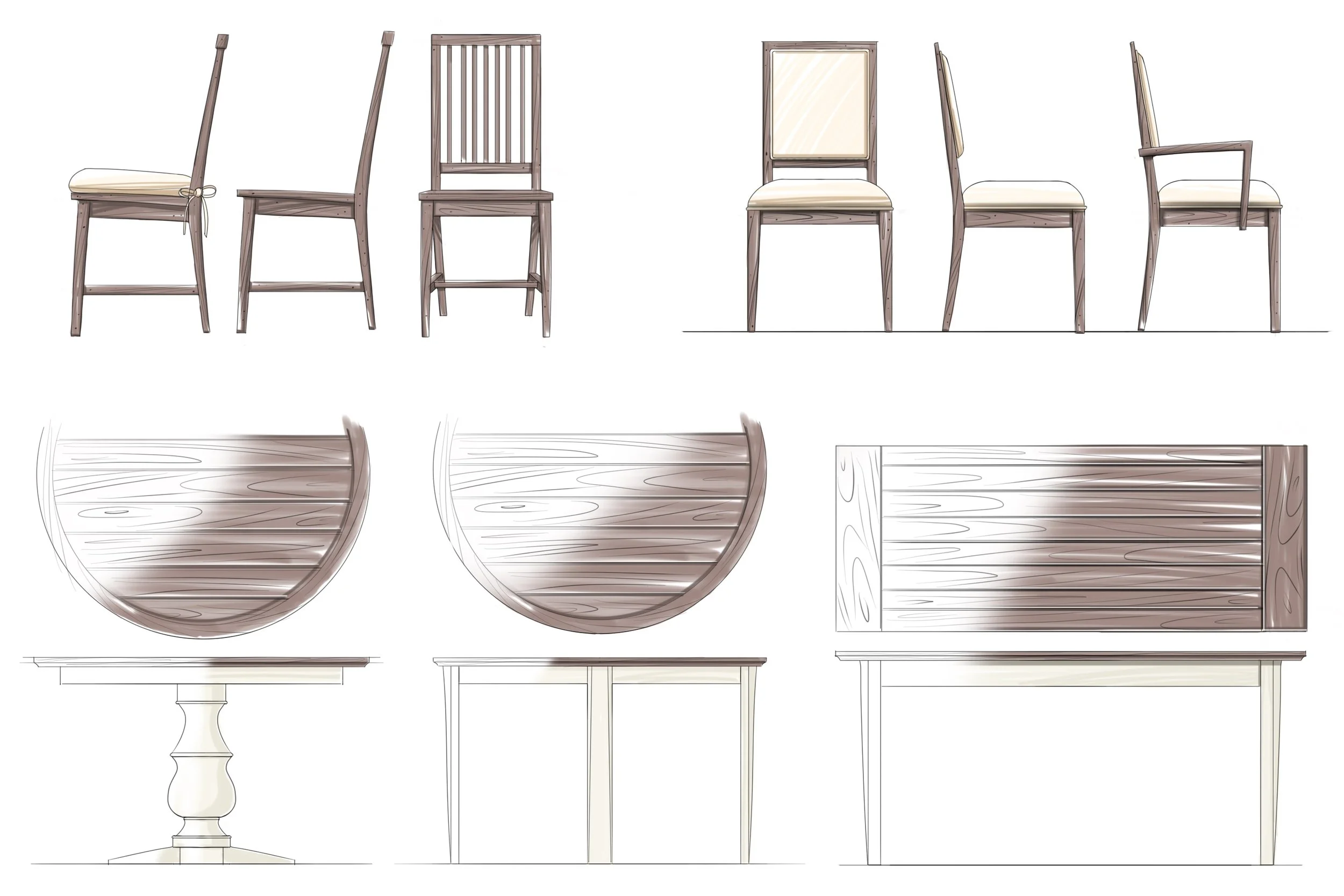 Technical furniture drawings showing wooden dining chairs, chair cushions, and a long rectangular table in multiple views