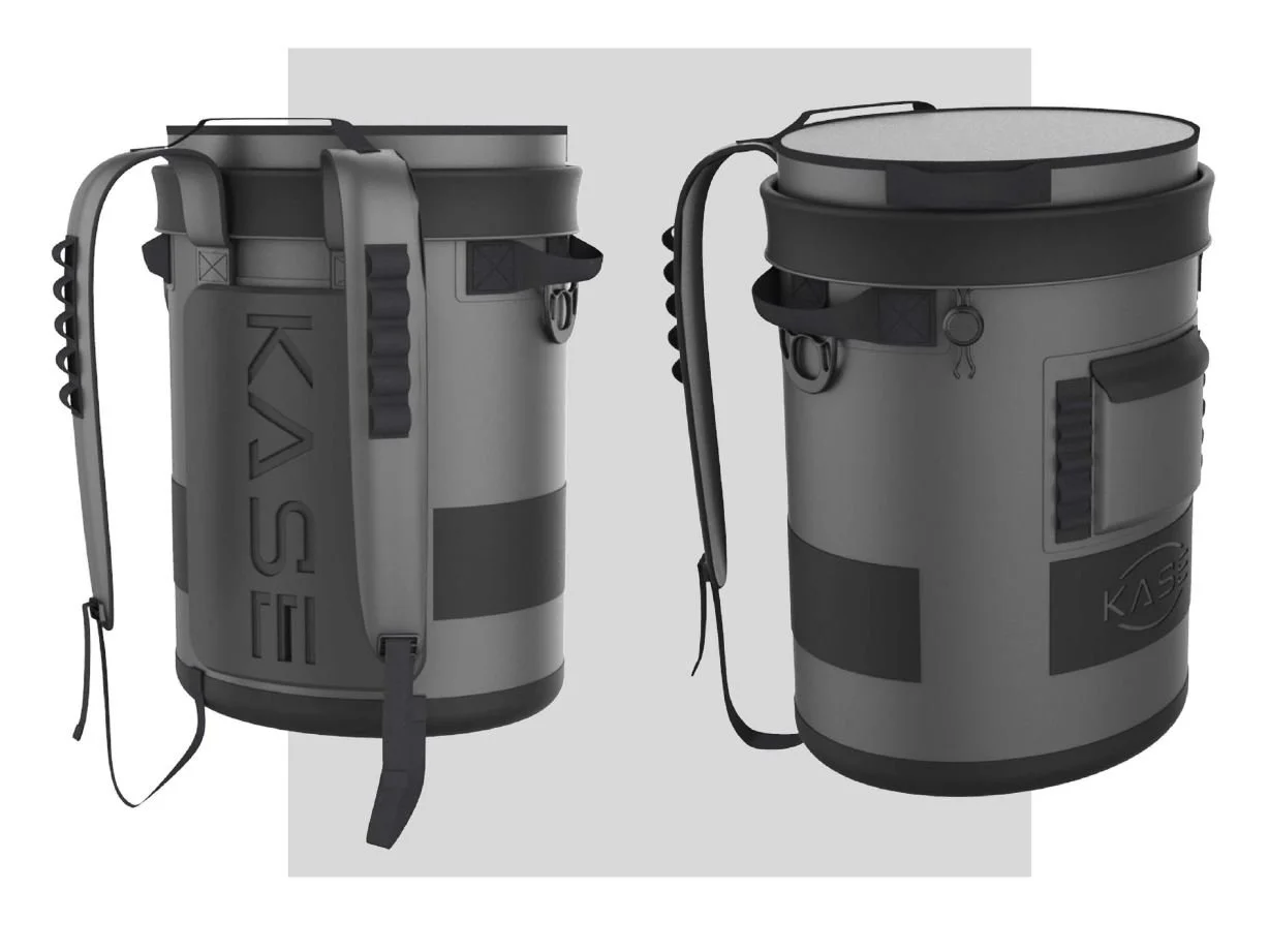 Two gray cylindrical tactical backpacks with black straps, buckles, and MOLLE-style webbing shown from front and side views.