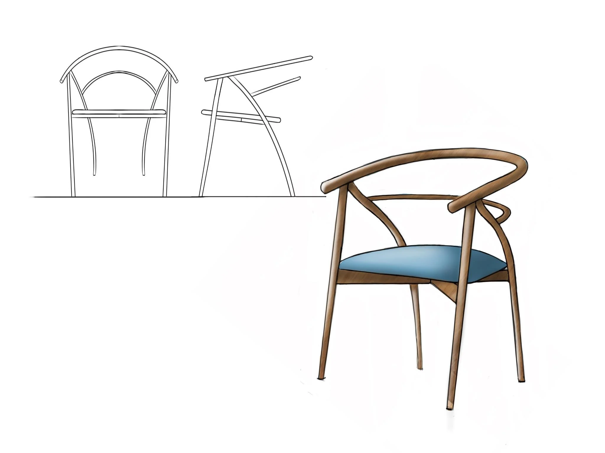 Illustration showing front and side design sketches alongside a finished wooden armchair with a blue upholstered seat.