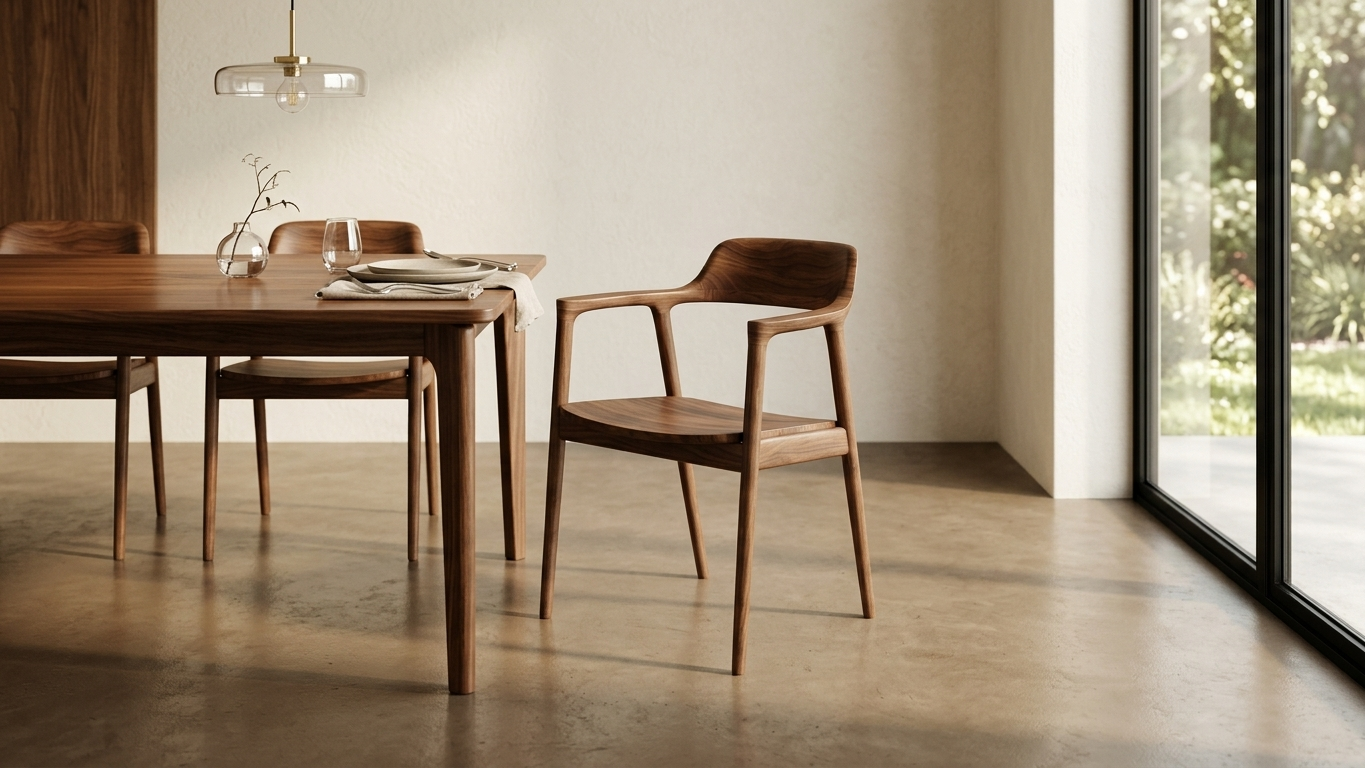 Modern midcentury dining room with a walnut table, wooden chairs, tableware, pendant light, and large glass doors opening to a garden