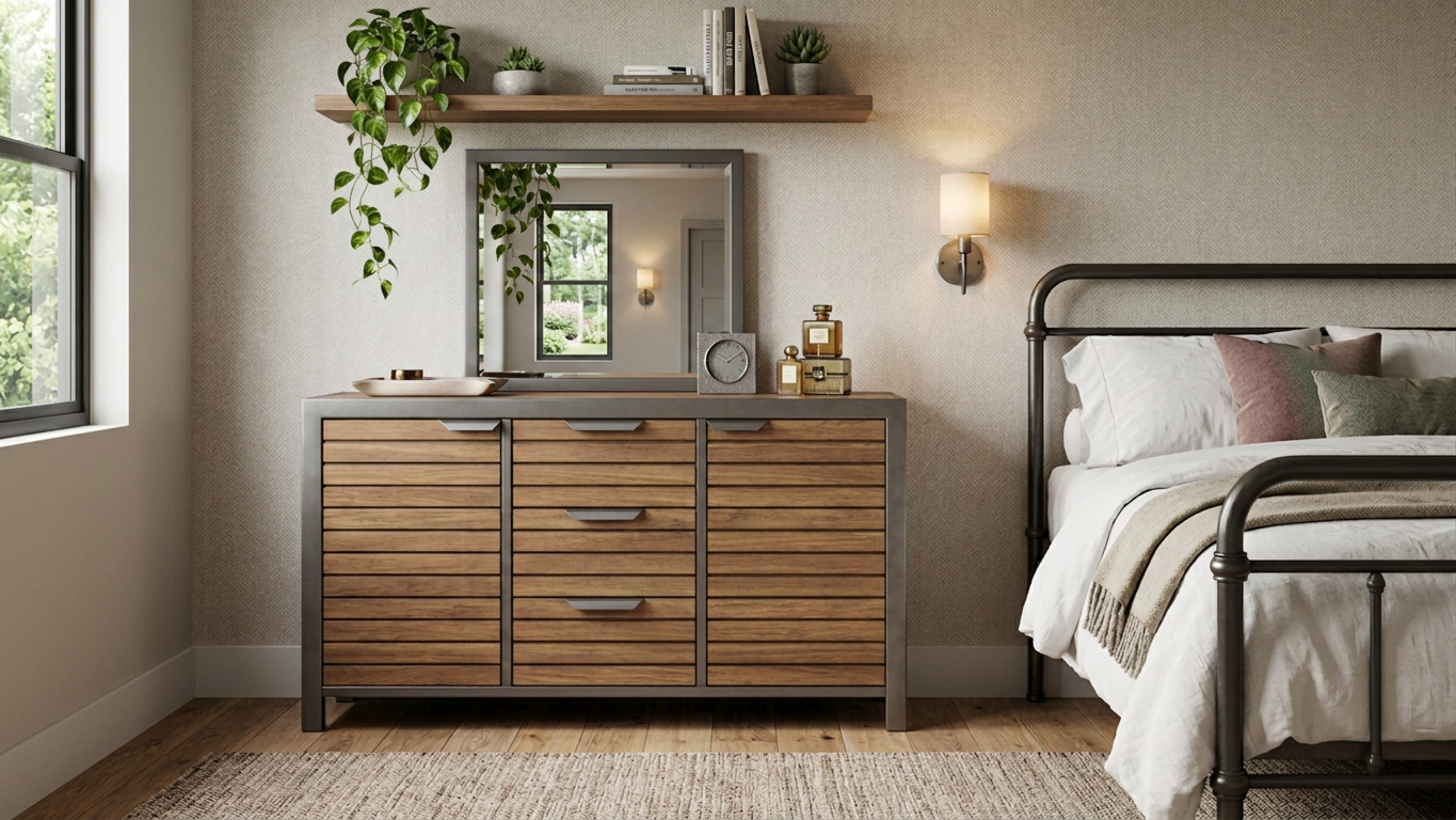 Cozy bedroom with wooden dresser, wall mirror, floating shelf, houseplants, and black metal bed frame