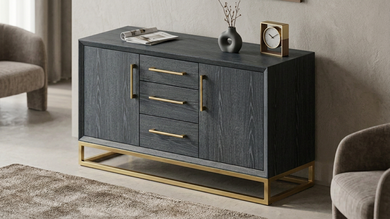 Modern dark wood sideboard with gold handles and metal base, styled with a vase, clock, and magazines