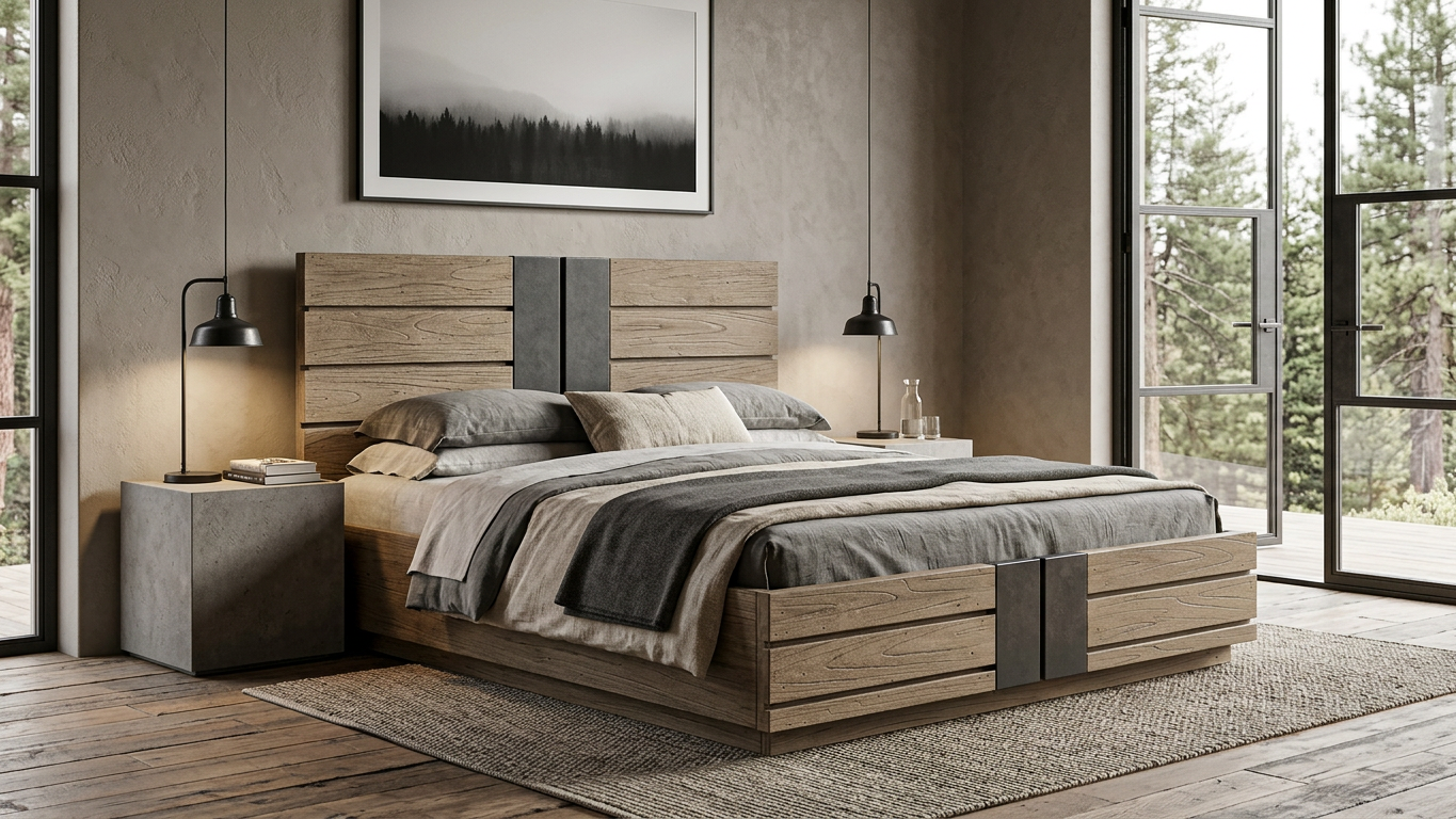 Modern rustic bedroom with a wooden platform bed, gray bedding, pendant lights, and forest views through large windows