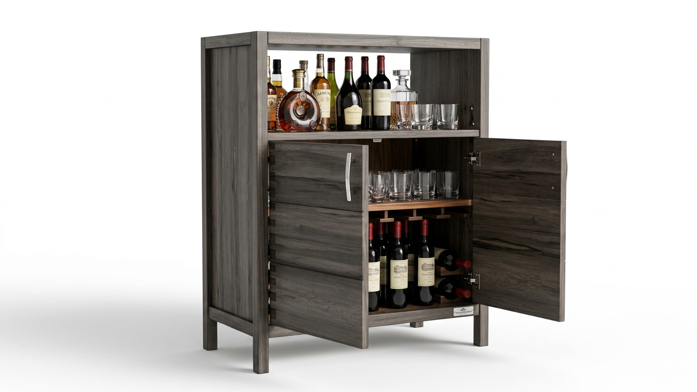 Dark wood bar cabinet with open doors, liquor bottles, wine bottles, glassware, and built-in wine storage