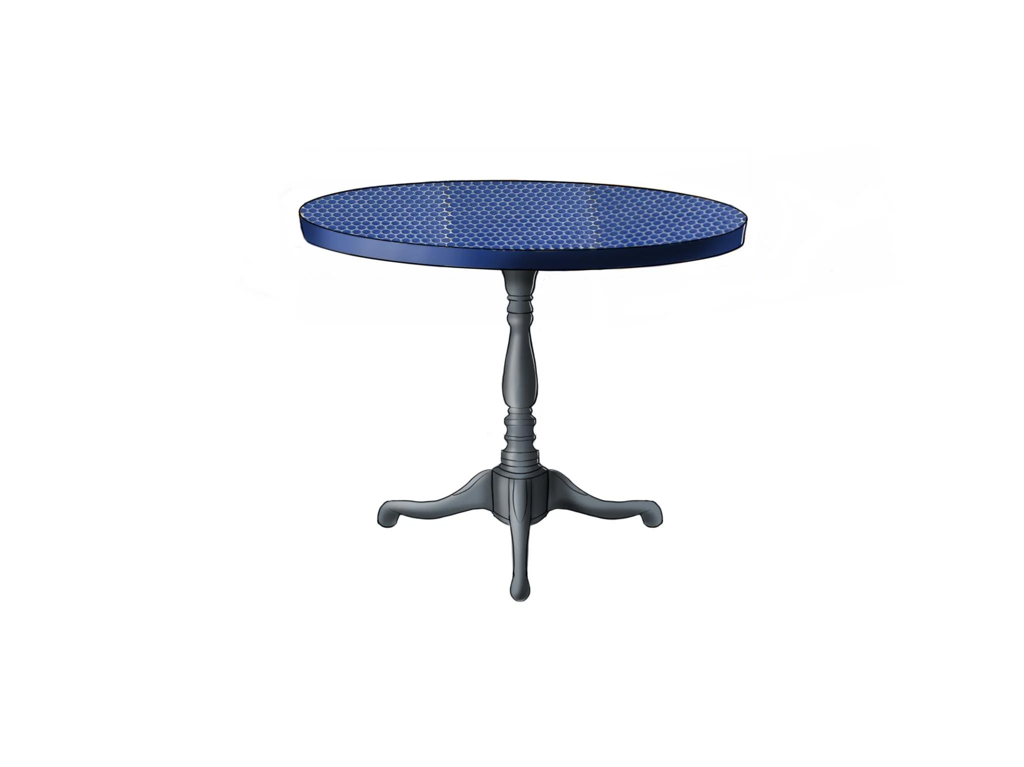 Illustration of a round blue pedestal table with a patterned tabletop and ornate dark wooden base