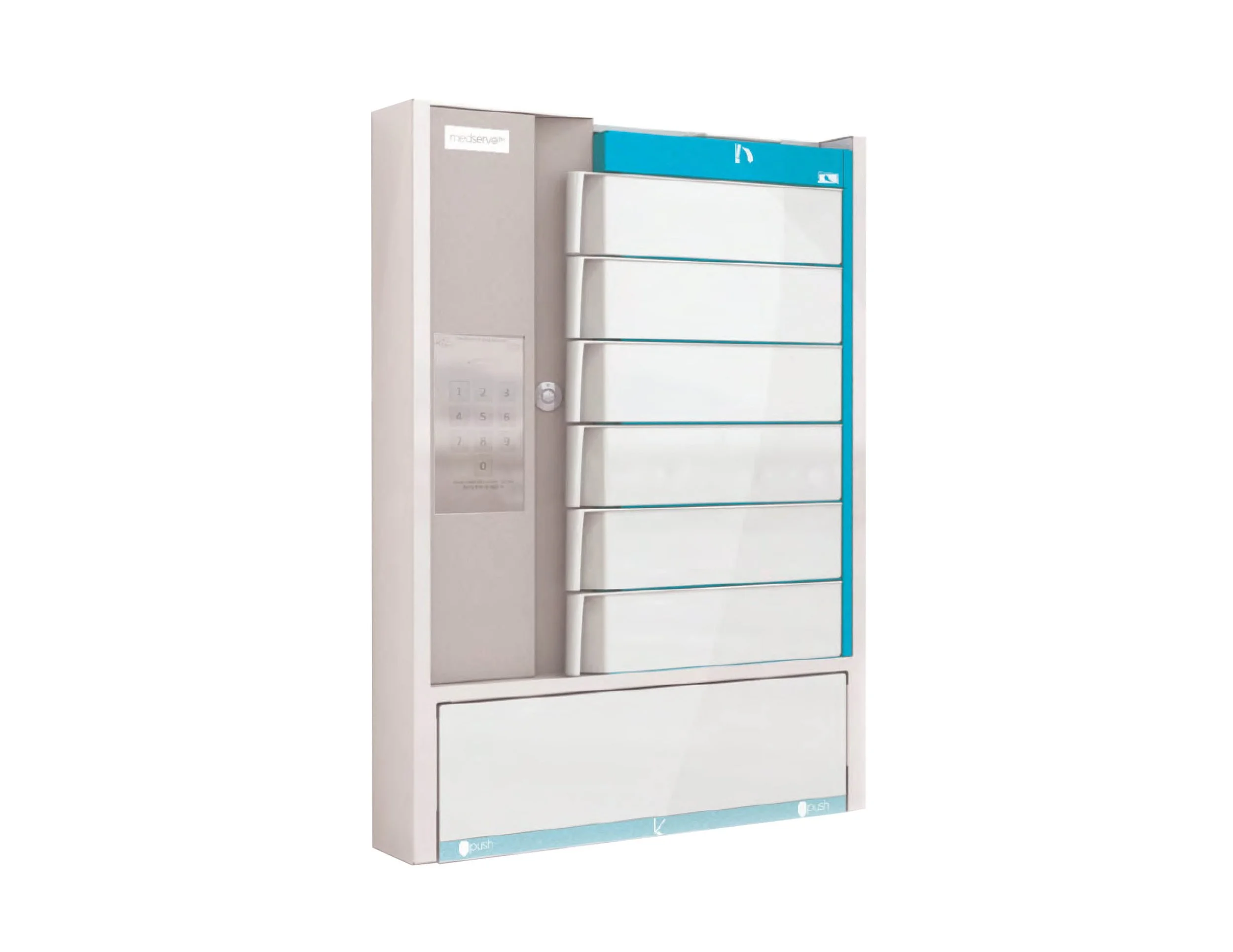 Wall-mounted Medserve medication dispensing cabinet with keypad, lock, and multiple compartments