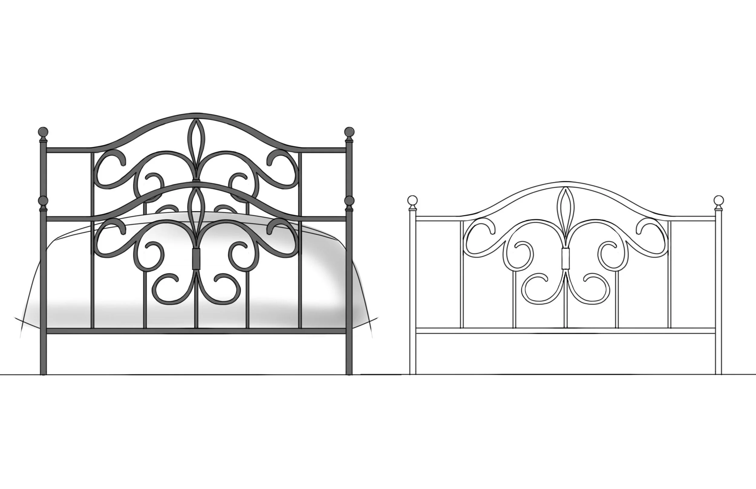 Illustration comparing an ornate wrought-iron bed frame with a matching technical line drawing