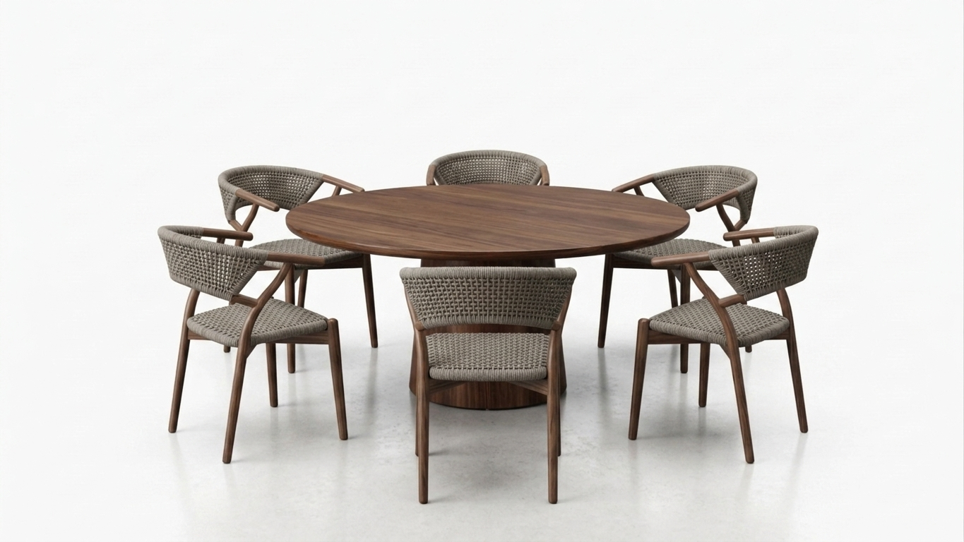 Round walnut dining table with six woven brown armchairs on a white background