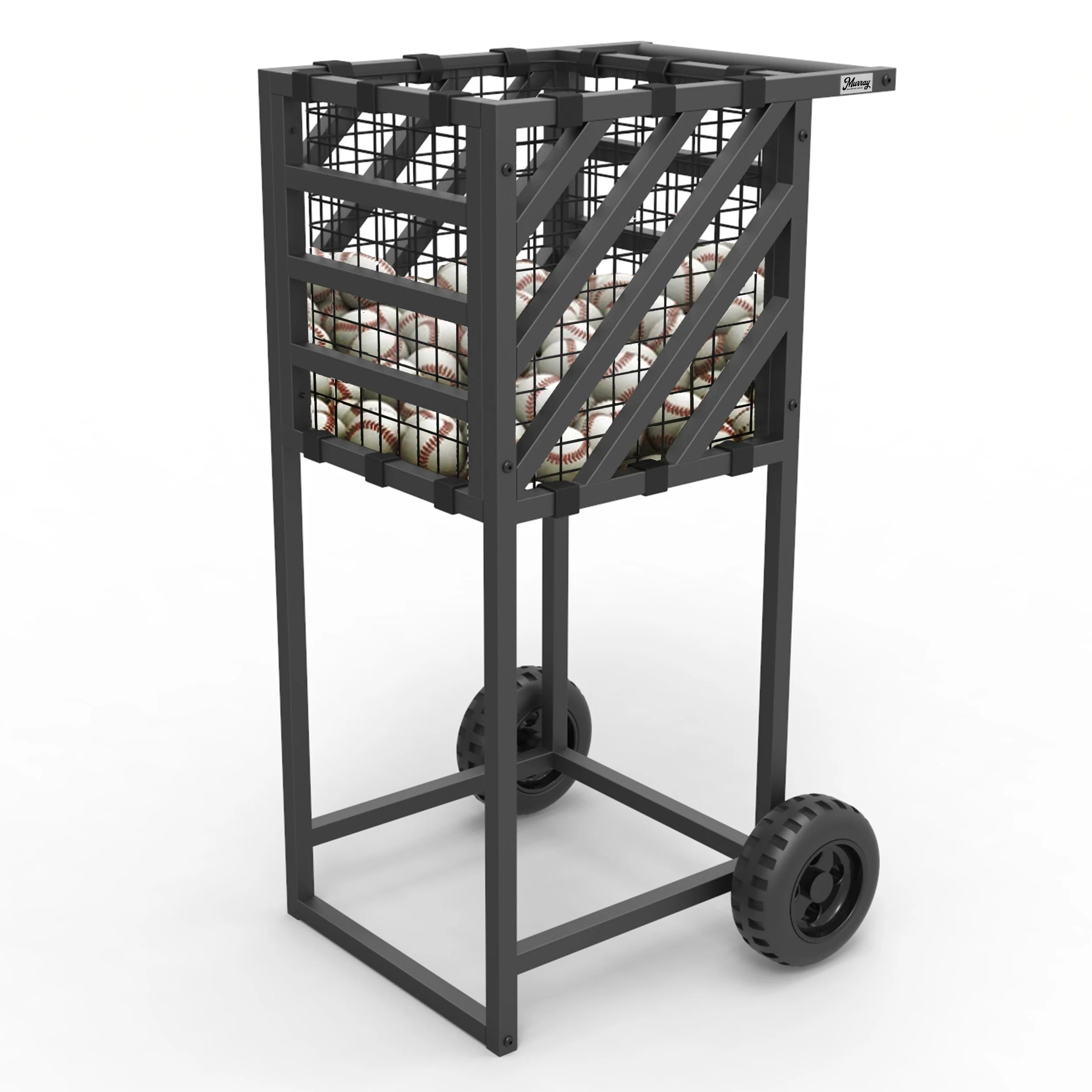 Wheeled black metal baseball storage cart filled with baseballs