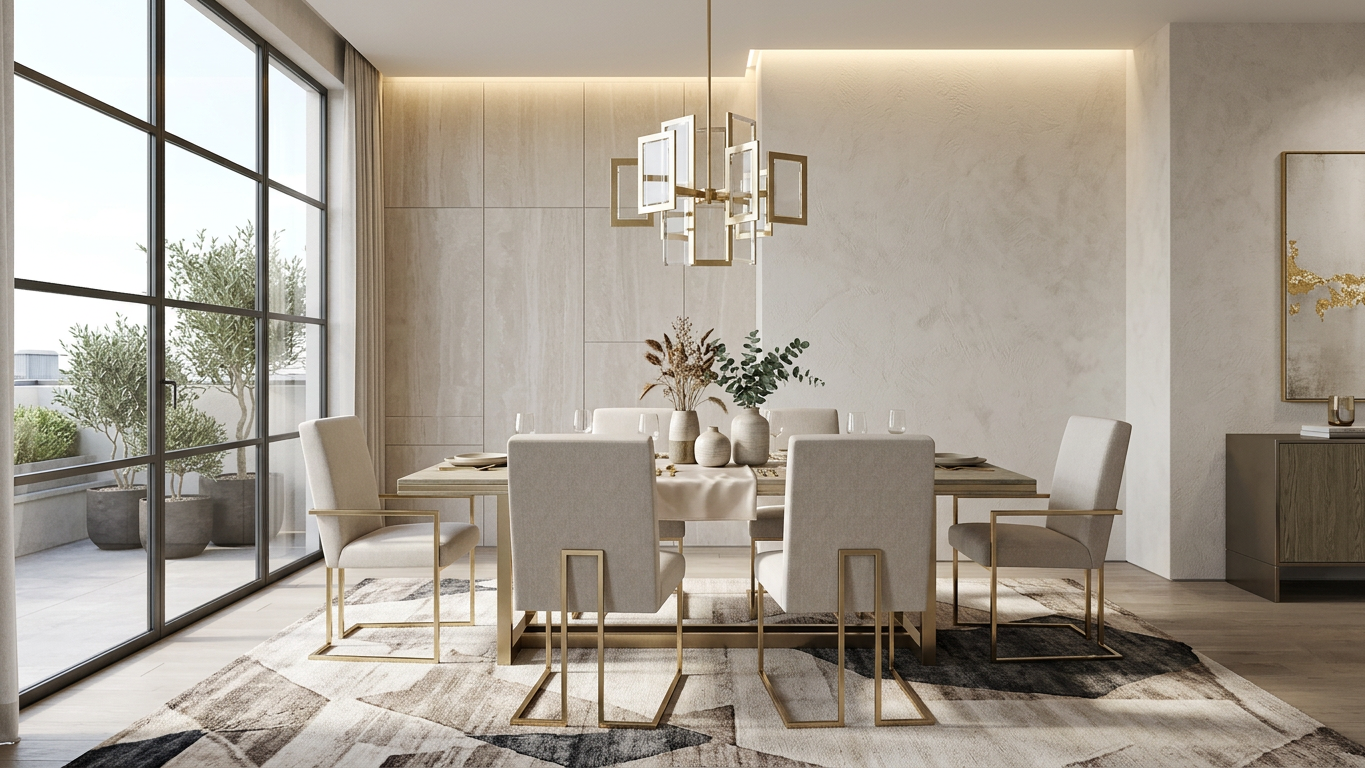 Modern minimalist dining room with an elegant table, six upholstered chairs, geometric chandelier, neutral decor, and floor-to-ceiling windows overlooking a patio.