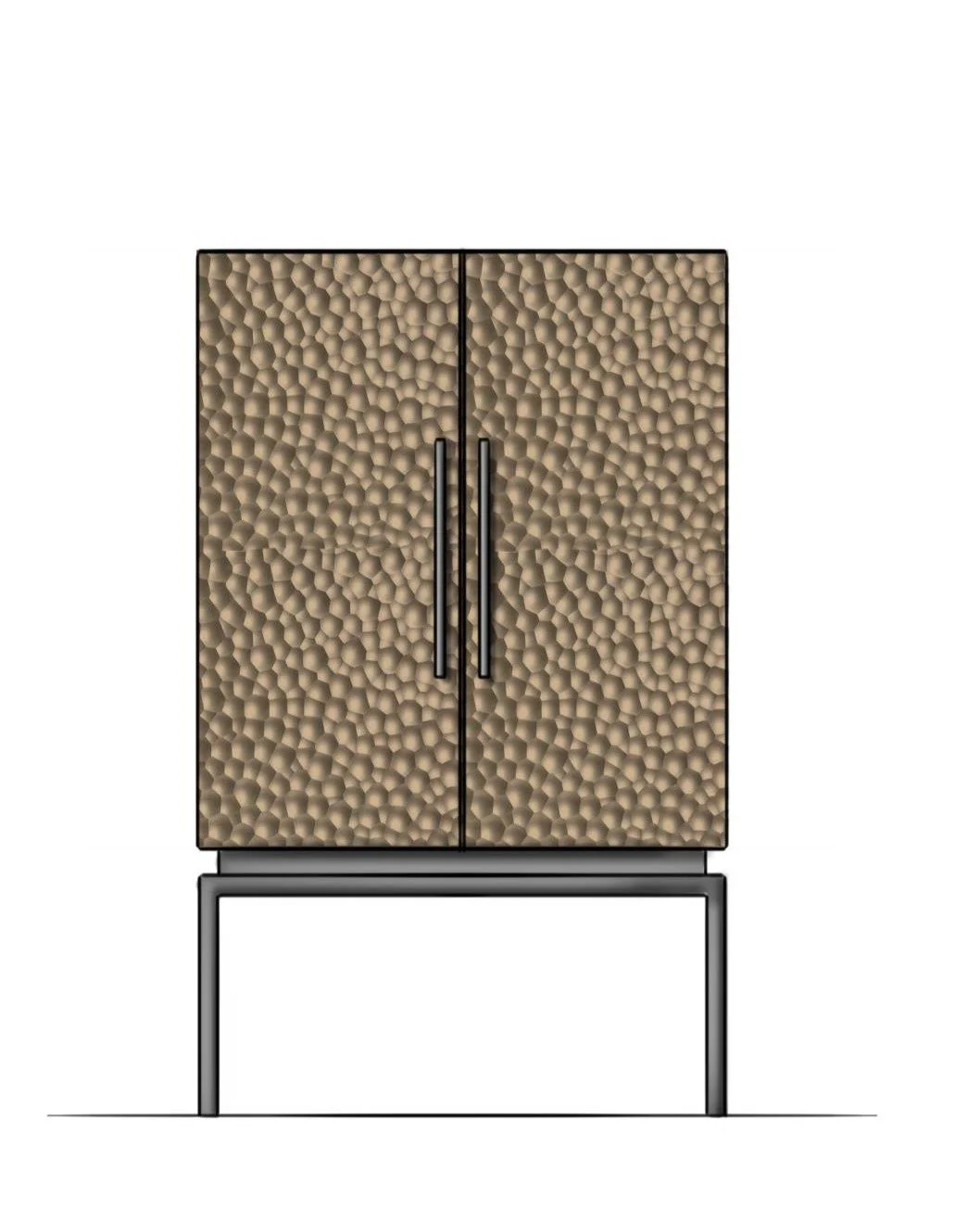 Modern two-door cabinet with a hammered metallic gold finish, black handles, and a black rectangular stand