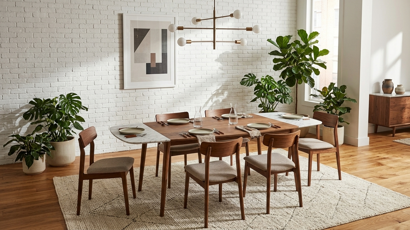 Midcentury modern dining room with a wood table, upholstered chairs, indoor plants, white brick wall, abstract artwork, and sculptural pendant light