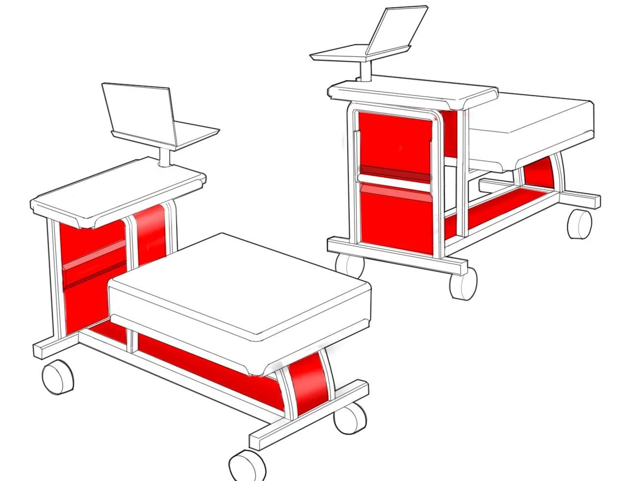 Illustration of two red-and-white hospital beds with raised overbed tables and wheels