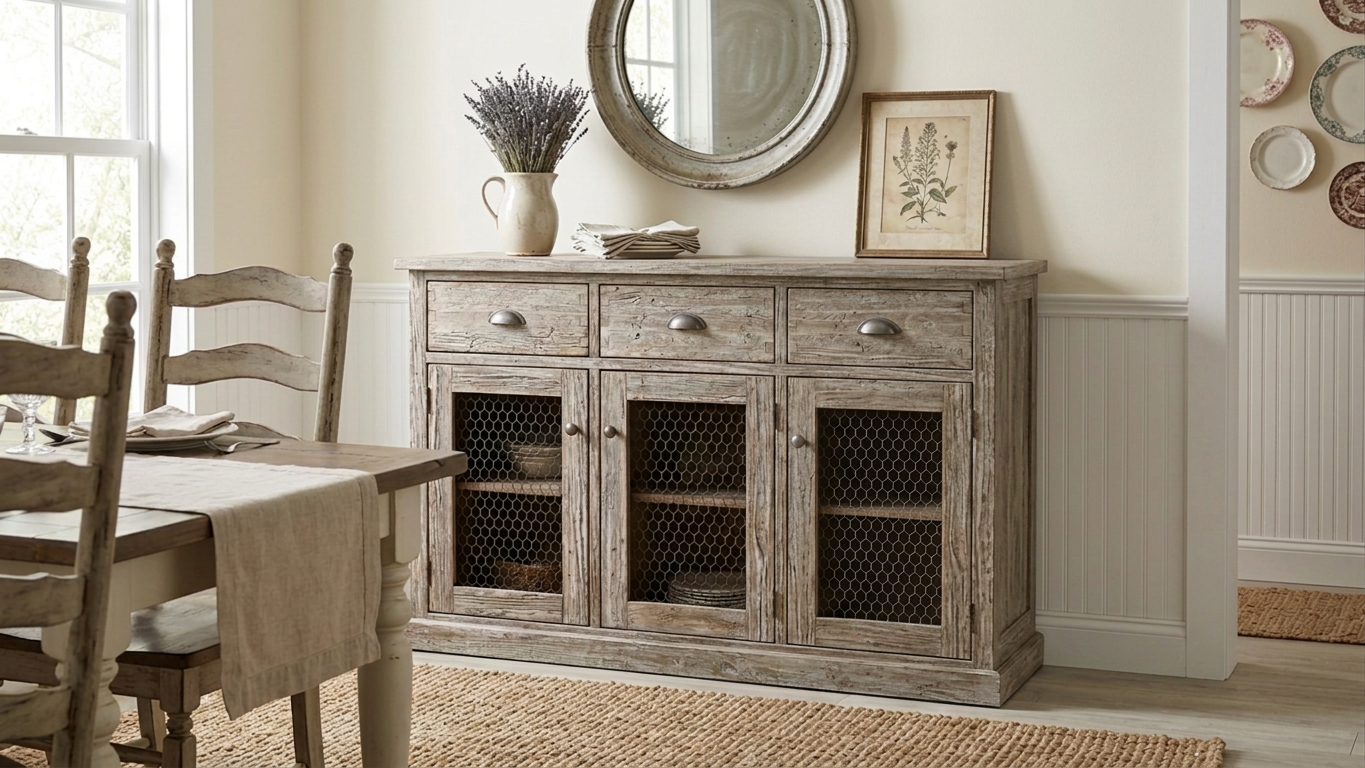 Rustic farmhouse dining room with a weathered wood buffet cabinet, round mirror, botanical artwork, and linen-covered table