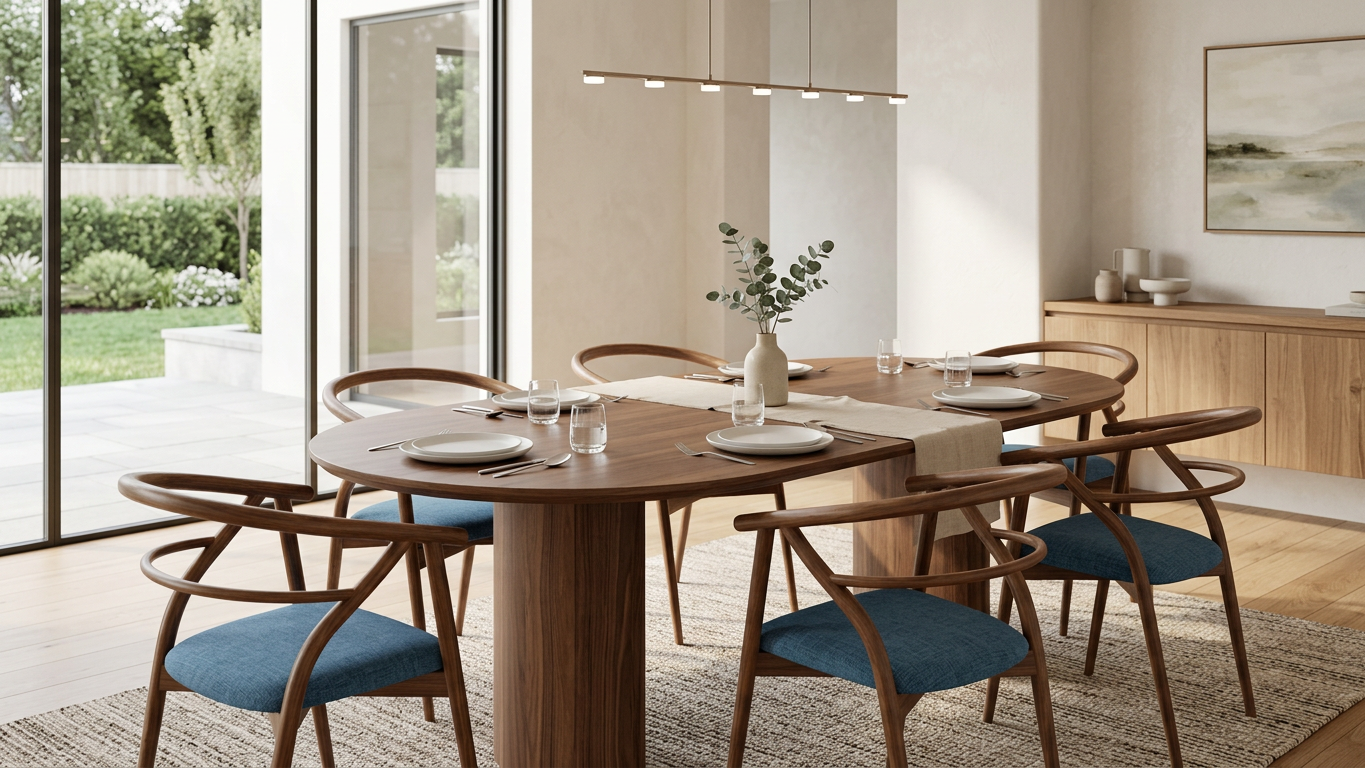 Modern dining room with a round wood table, blue upholstered chairs, minimalist tableware, pendant light, and garden views