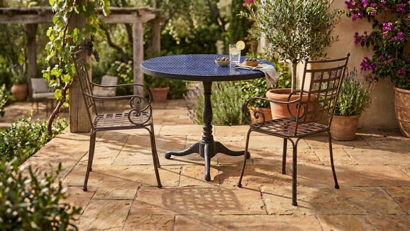 Mediterranean patio with a round metal table, two chairs, drinks, potted olive trees, and flowering vines