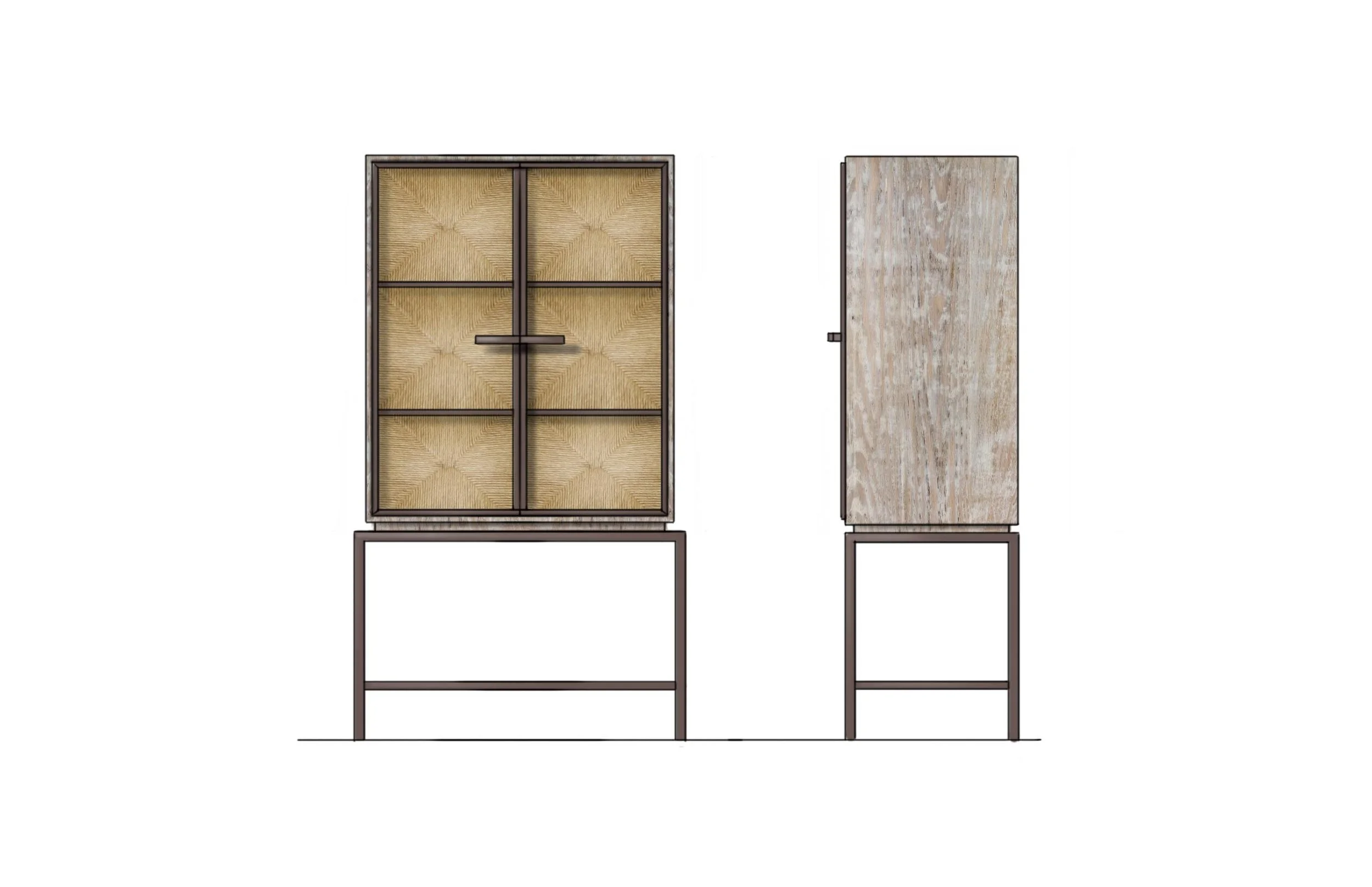 Front and side views of a wooden geometric-pattern cabinet with dark metal frame and base.