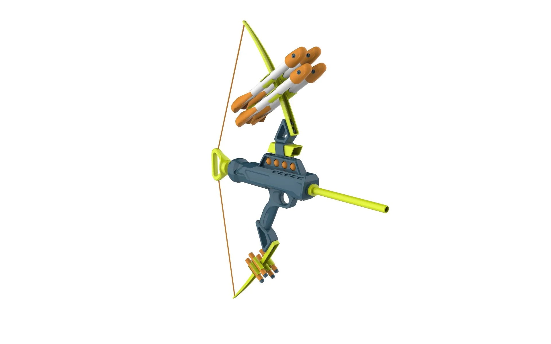 Futuristic green and gray toy bow and arrow blaster with orange-tipped arrows on a white background