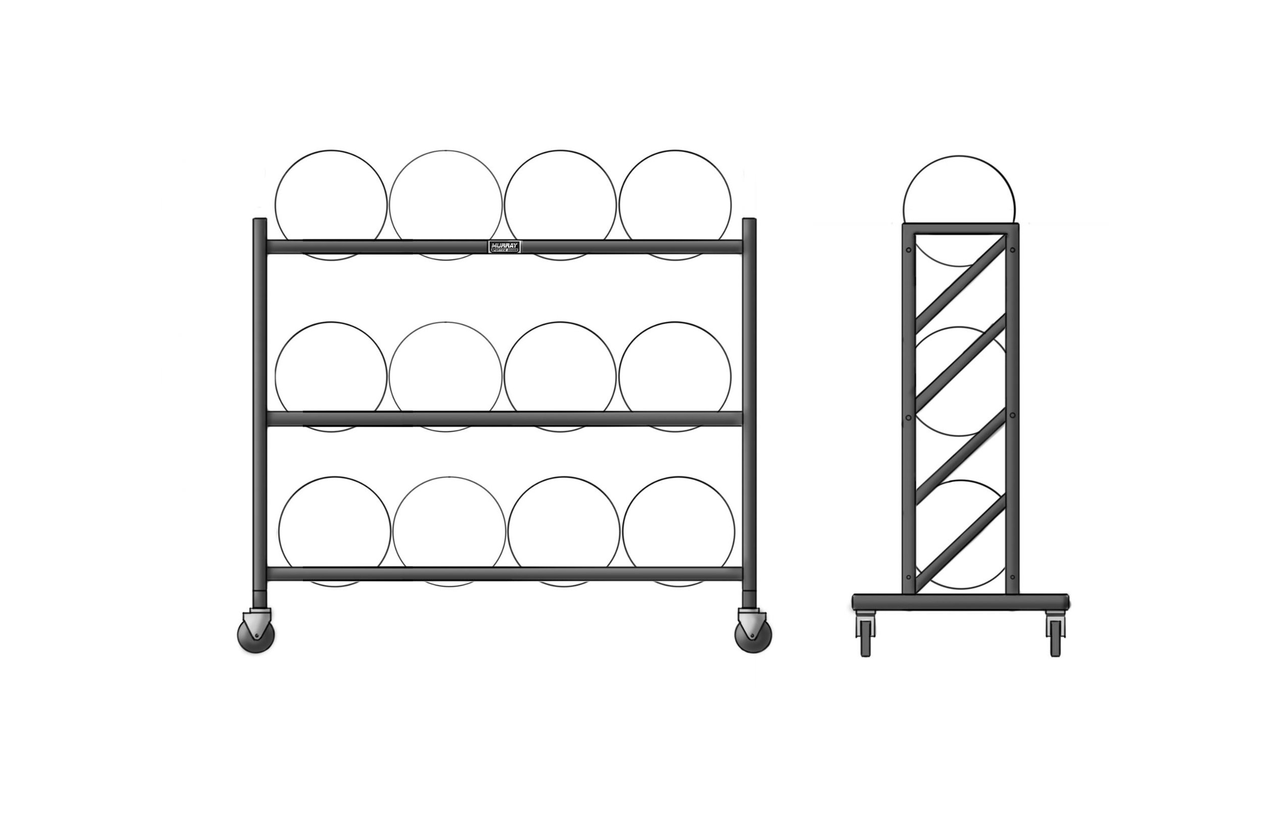 Three-tier rolling storage rack holding 12 round items, shown from front and side views